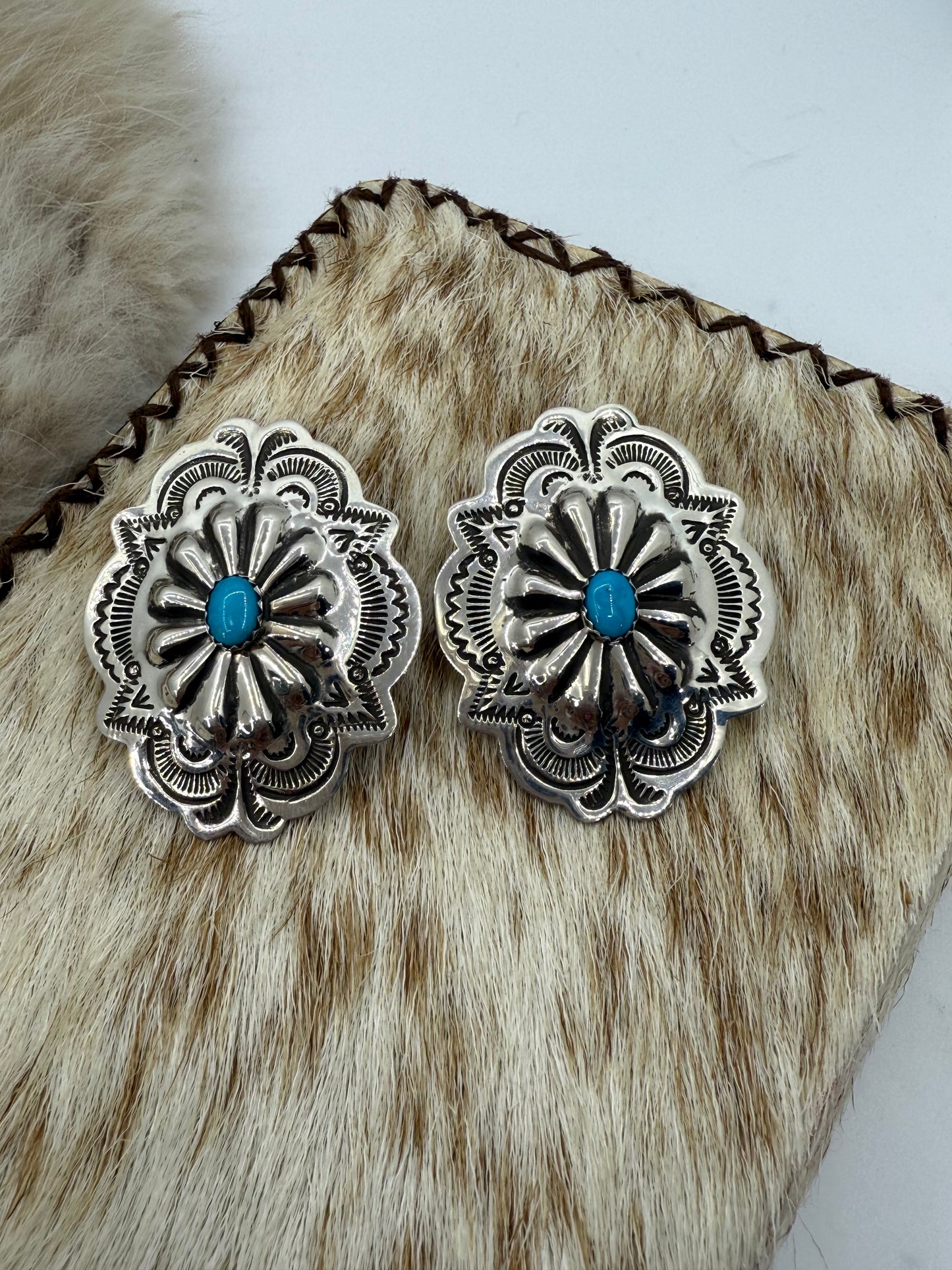 Stamped Concho Earrings with Turquoise by Genevieve Blackgoat, Navajo