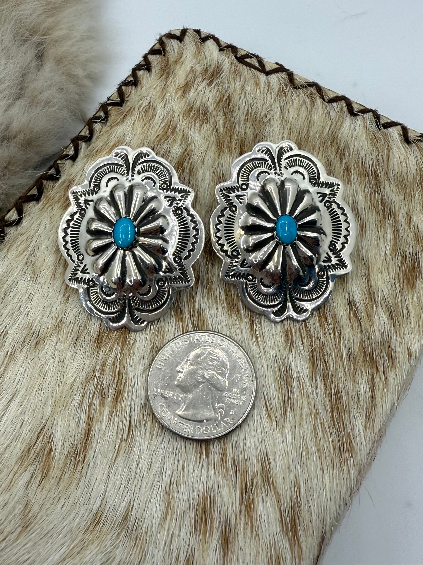 Stamped Concho Earrings with Turquoise by Genevieve Blackgoat, Navajo