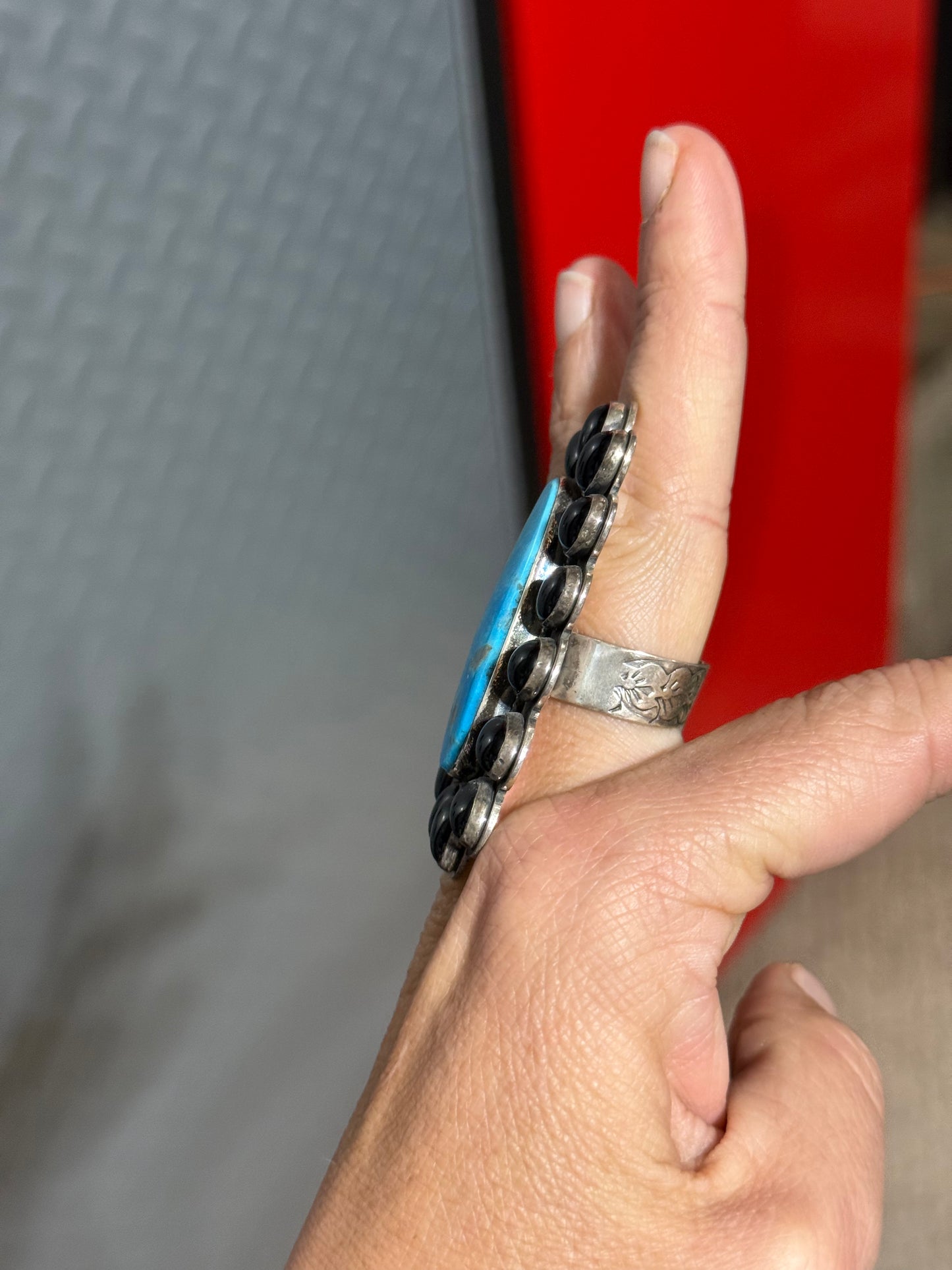 Adjustable Kingman Turquoise and Black Onyx Cluster Ring by Steven Nez, Navajo