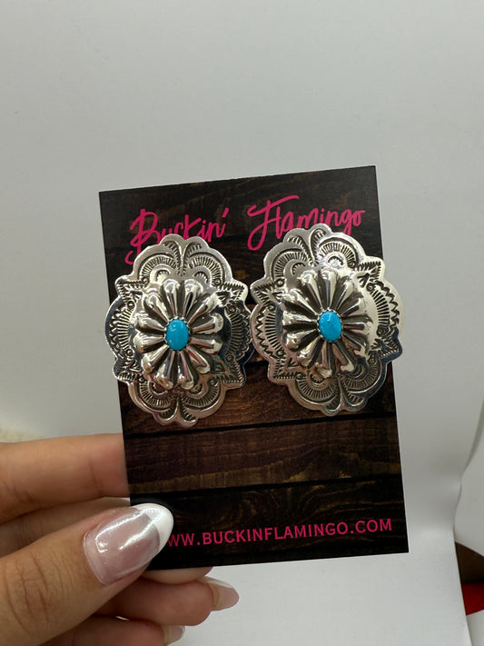 Stamped Concho Earrings with Turquoise by Genevieve Blackgoat, Navajo