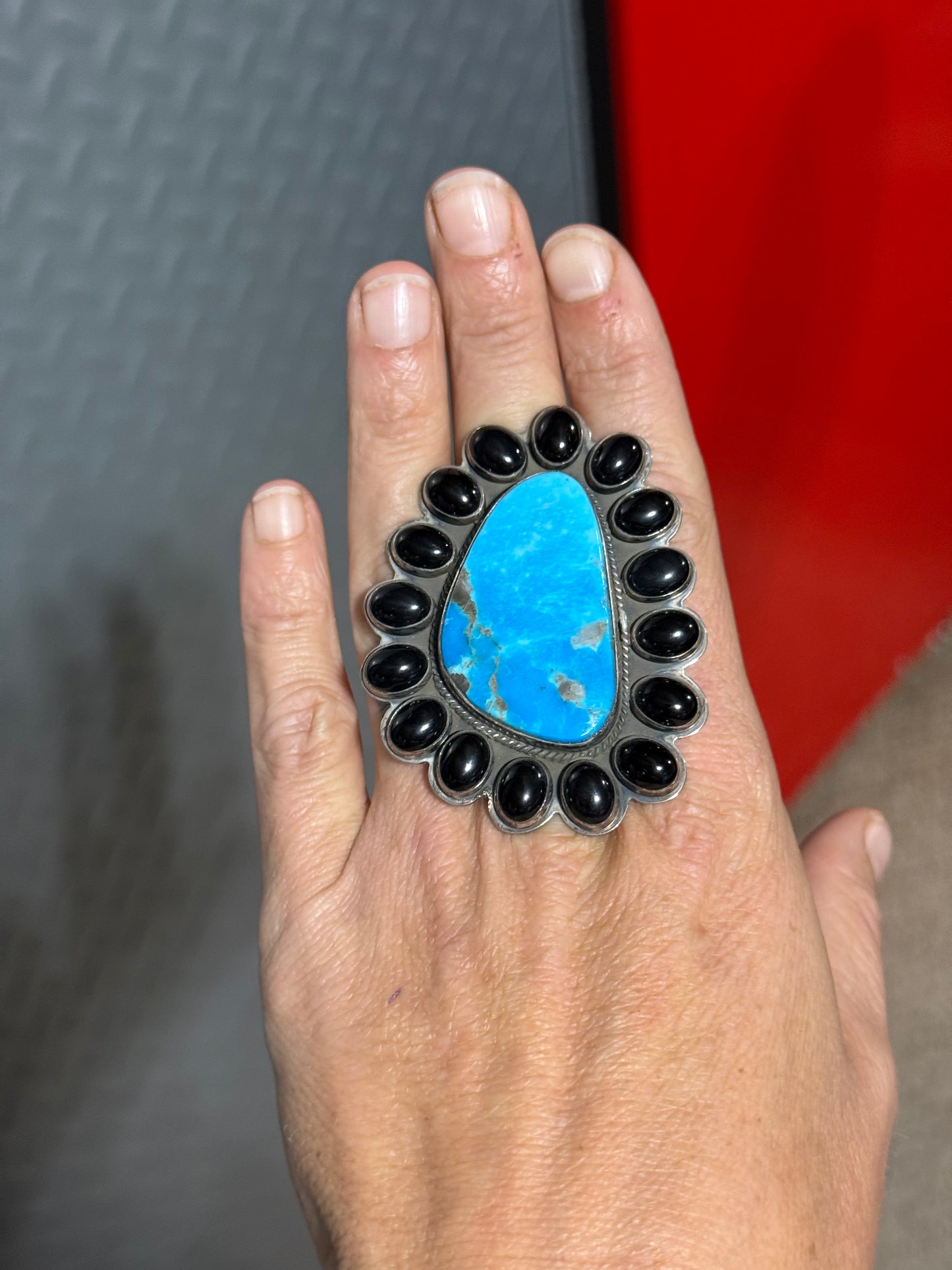 Adjustable Kingman Turquoise and Black Onyx Cluster Ring by Steven Nez, Navajo