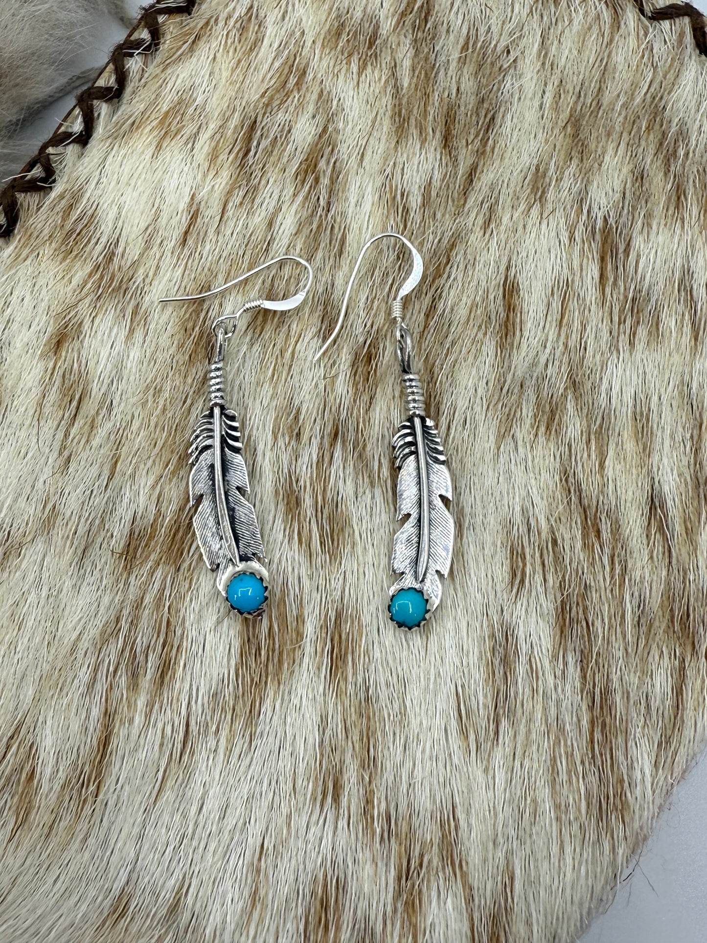 Feather Earrings With Turquoise by Louise Joe, Navajo