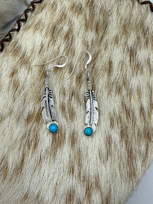 Feather Earrings With Turquoise by Louise Joe, Navajo