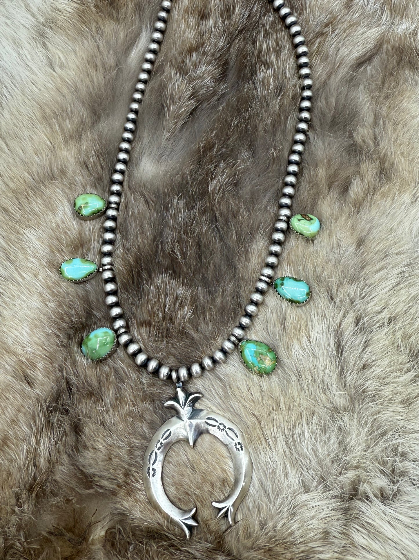16" Green Sonoran Gold Dainty Squash Blossom Necklace by Letricia Largo, Navajo