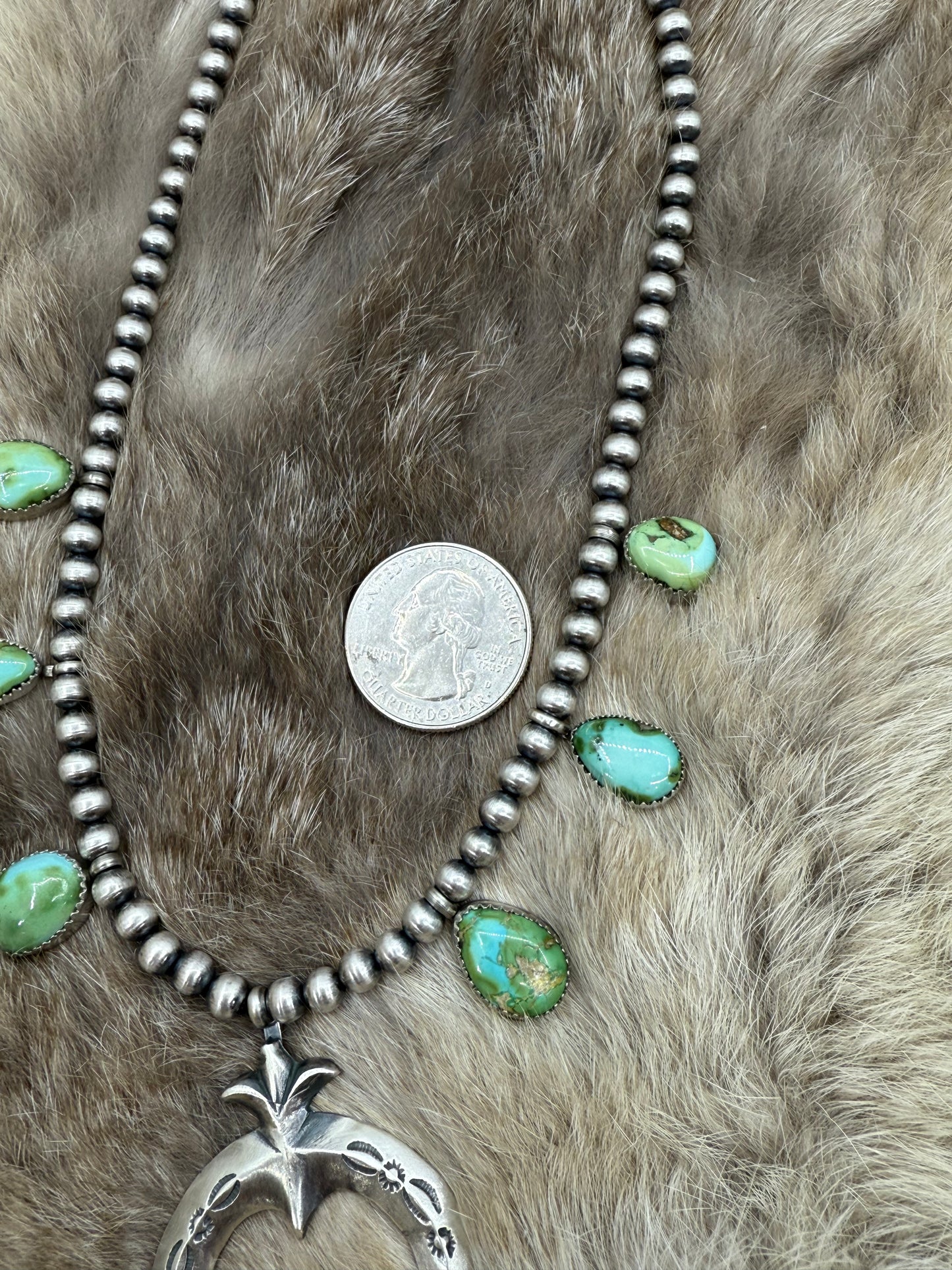 16" Green Sonoran Gold Dainty Squash Blossom Necklace by Letricia Largo, Navajo