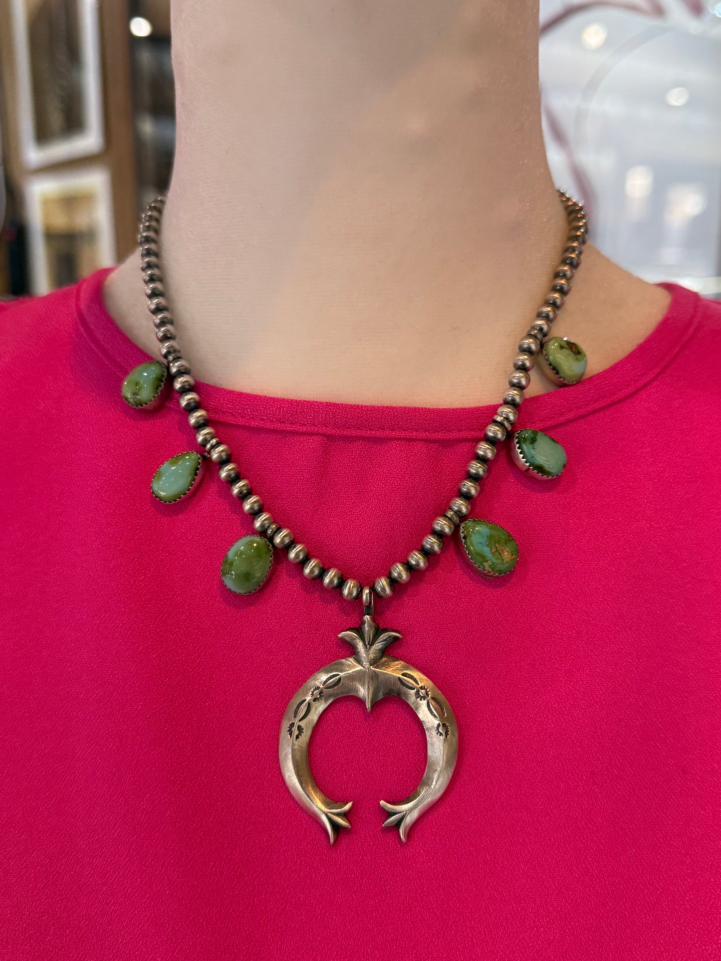 16" Green Sonoran Gold Dainty Squash Blossom Necklace by Letricia Largo, Navajo