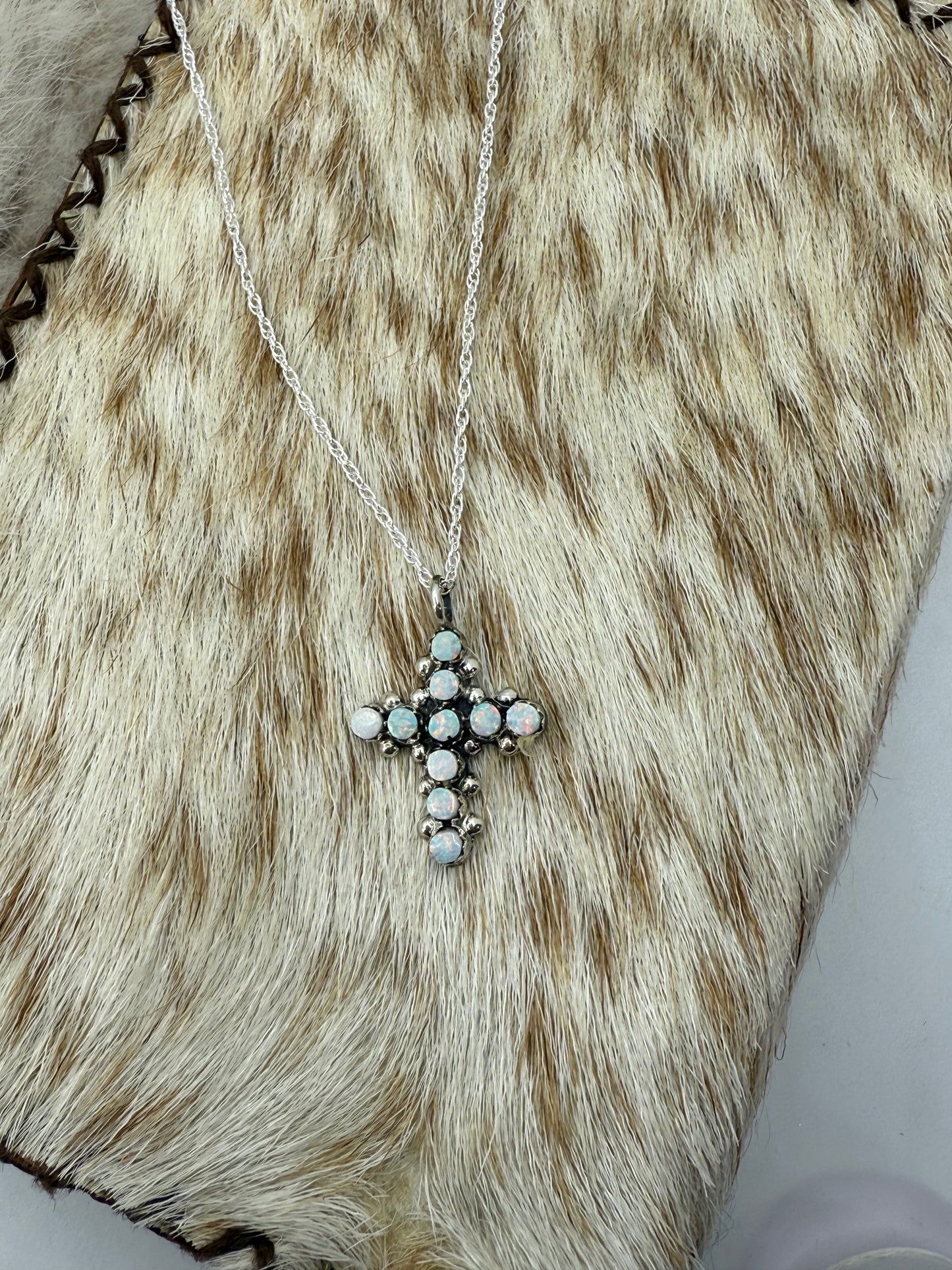 18" White Opal Snake Eye Pendant by Marlon Quam, Zuni