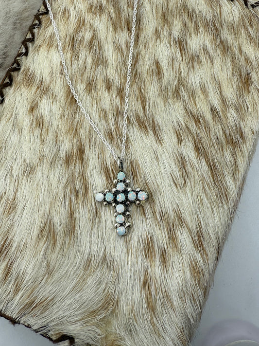 18" White Opal Snake Eye Pendant by Marlon Quam, Zuni