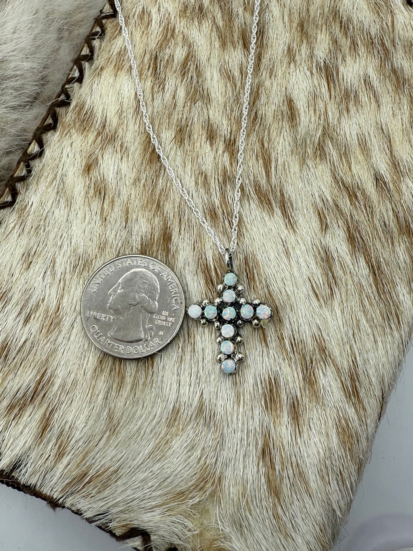 18" White Opal Snake Eye Pendant by Marlon Quam, Zuni