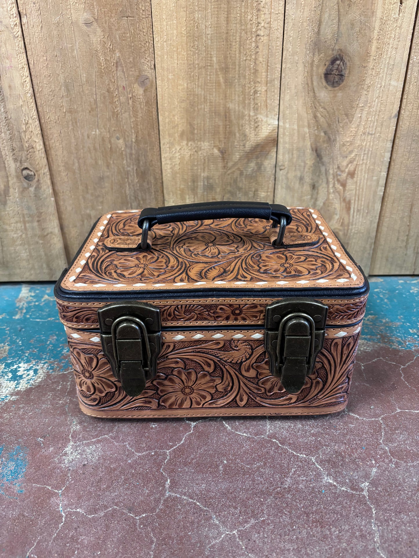 White Buck Stitched Tan Tooled Jewelry Box