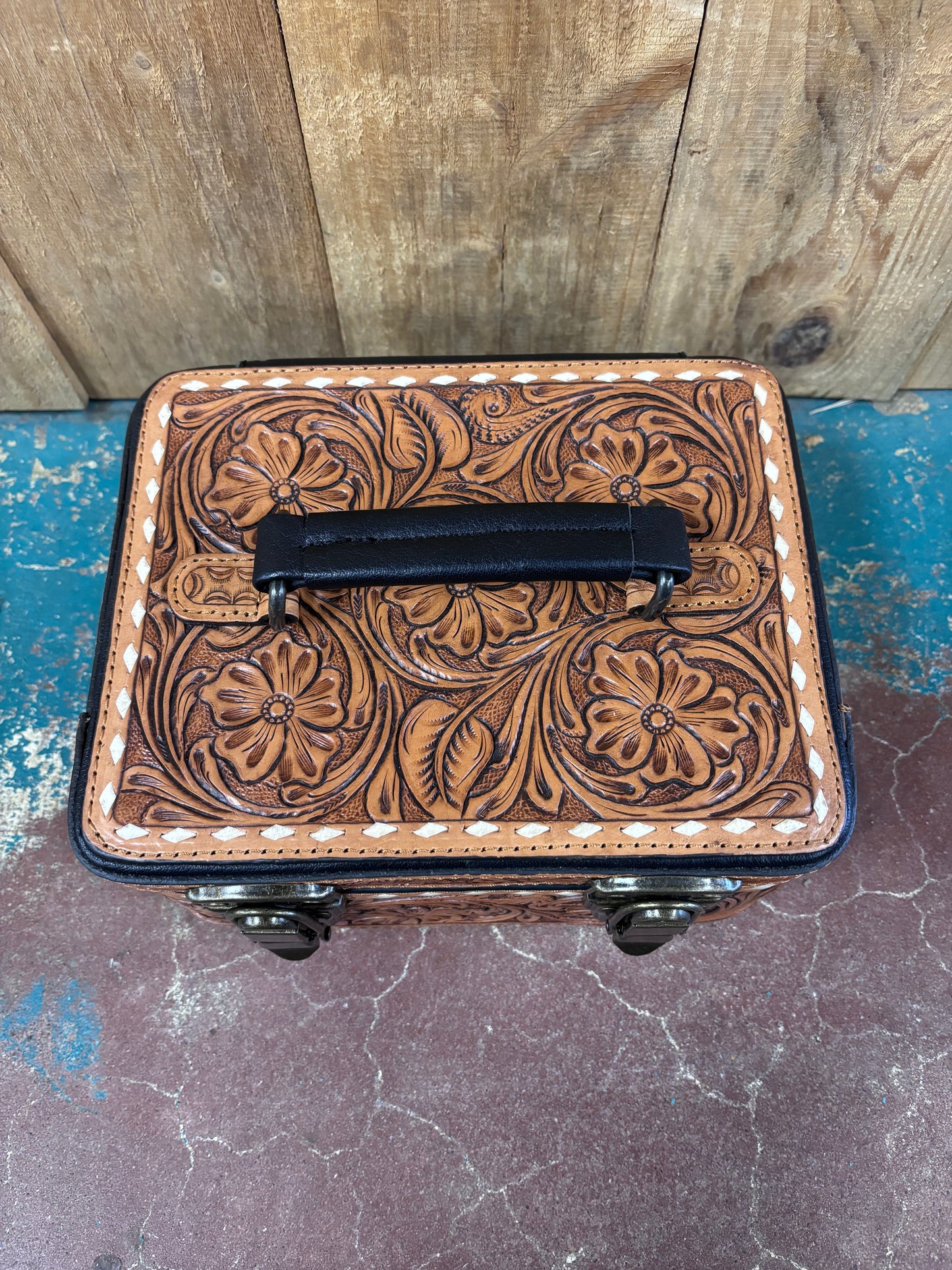 White Buck Stitched Tan Tooled Jewelry Box
