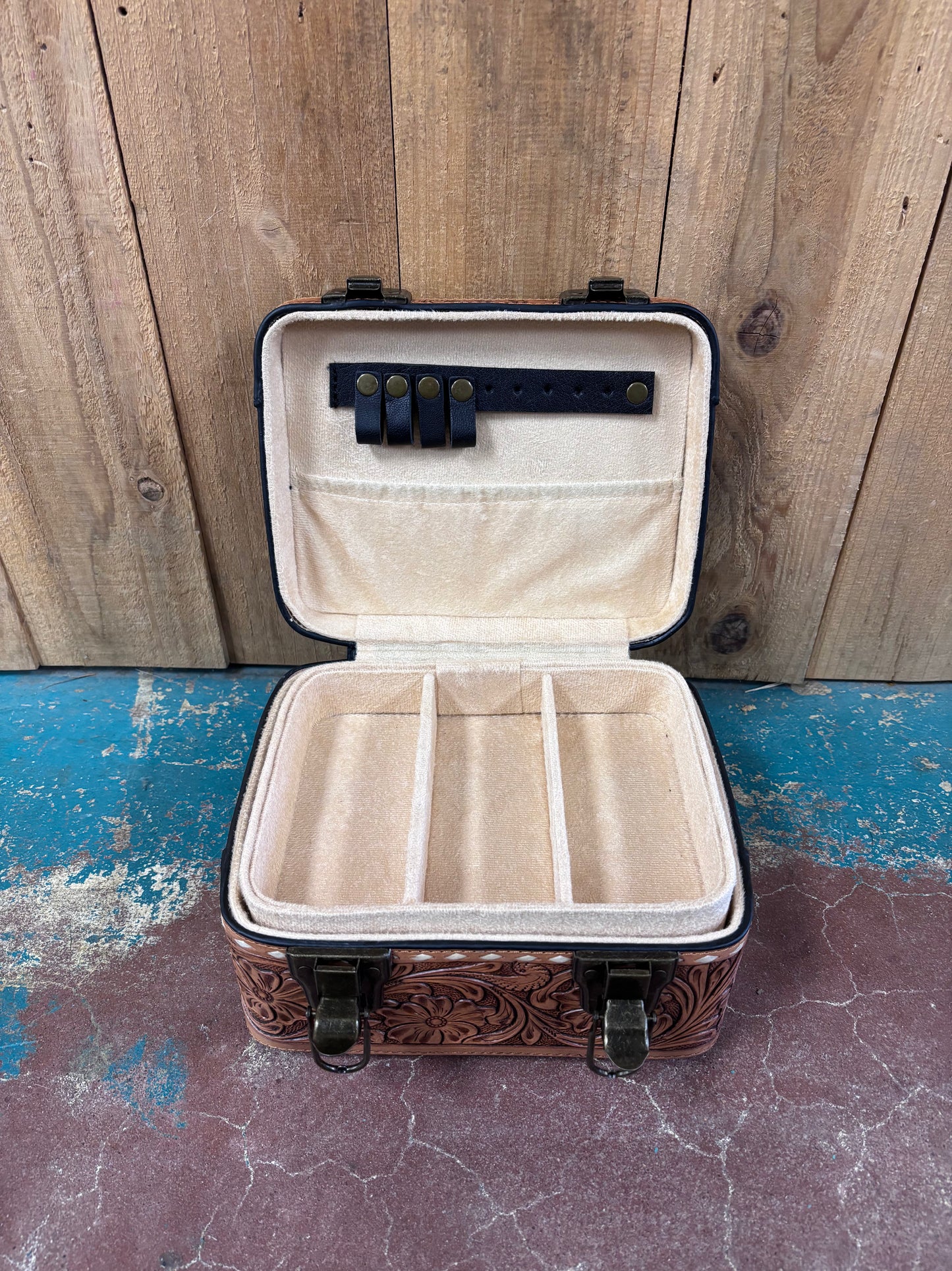 White Buck Stitched Tan Tooled Jewelry Box