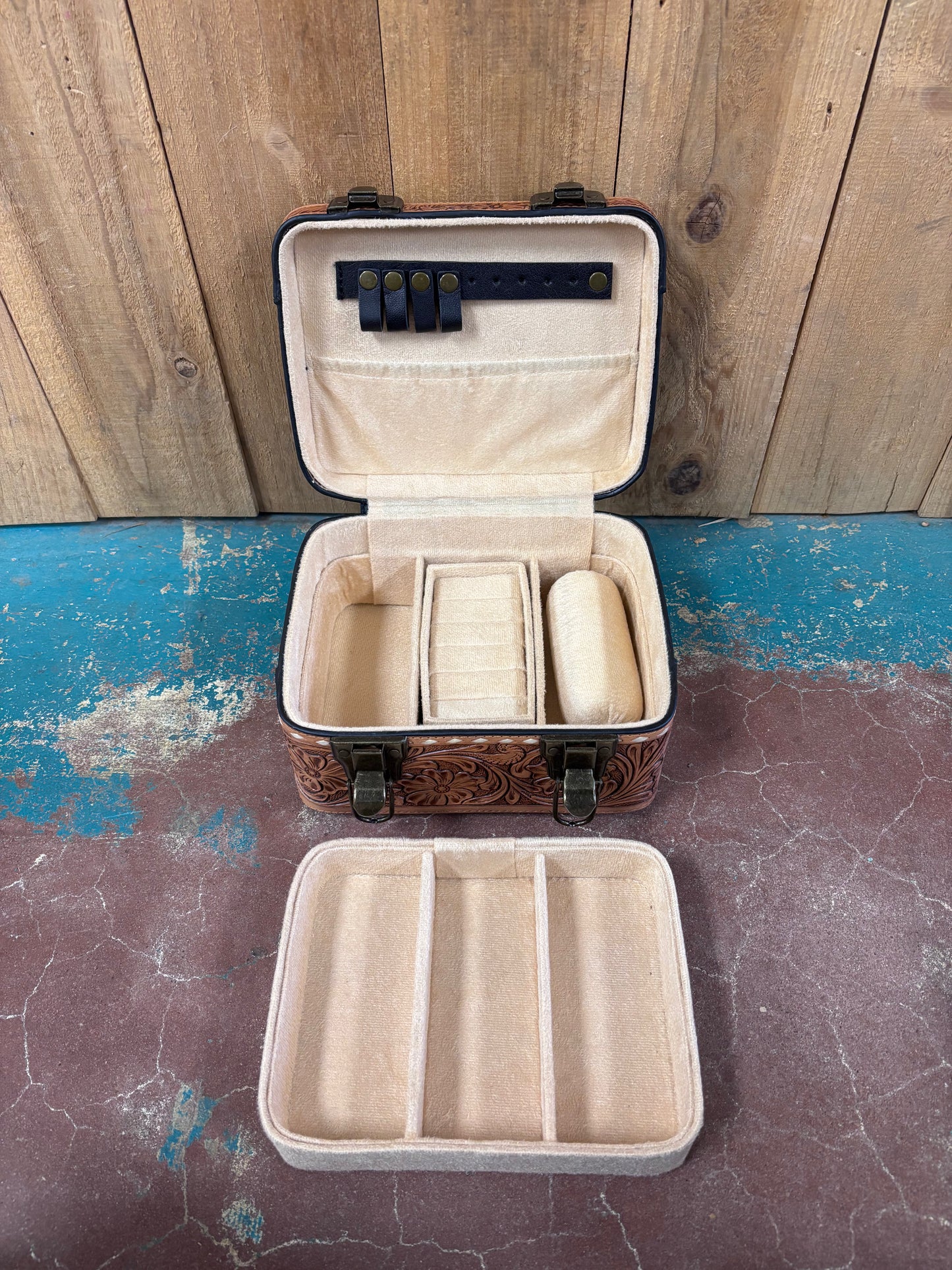 White Buck Stitched Tan Tooled Jewelry Box
