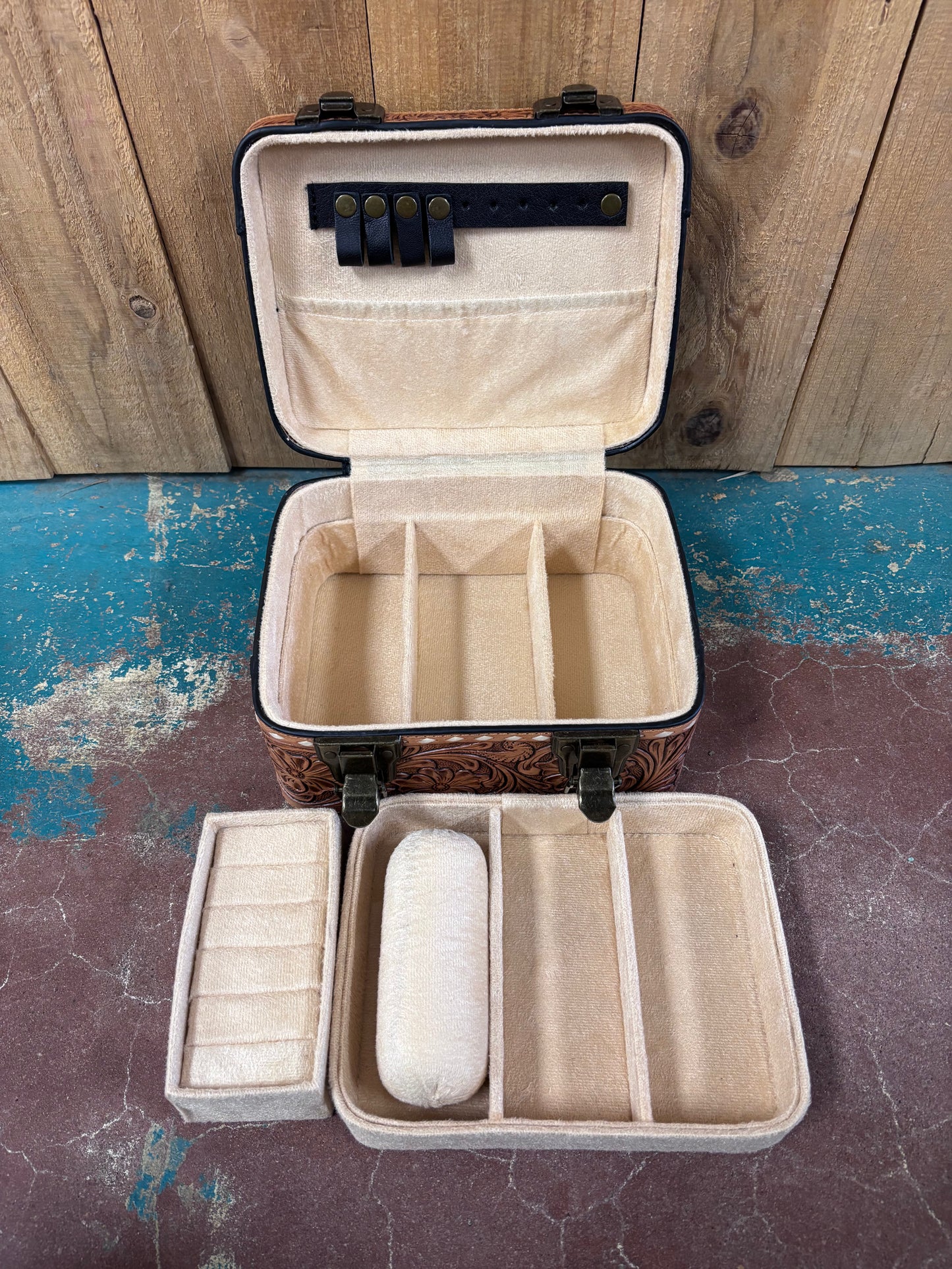 White Buck Stitched Tan Tooled Jewelry Box