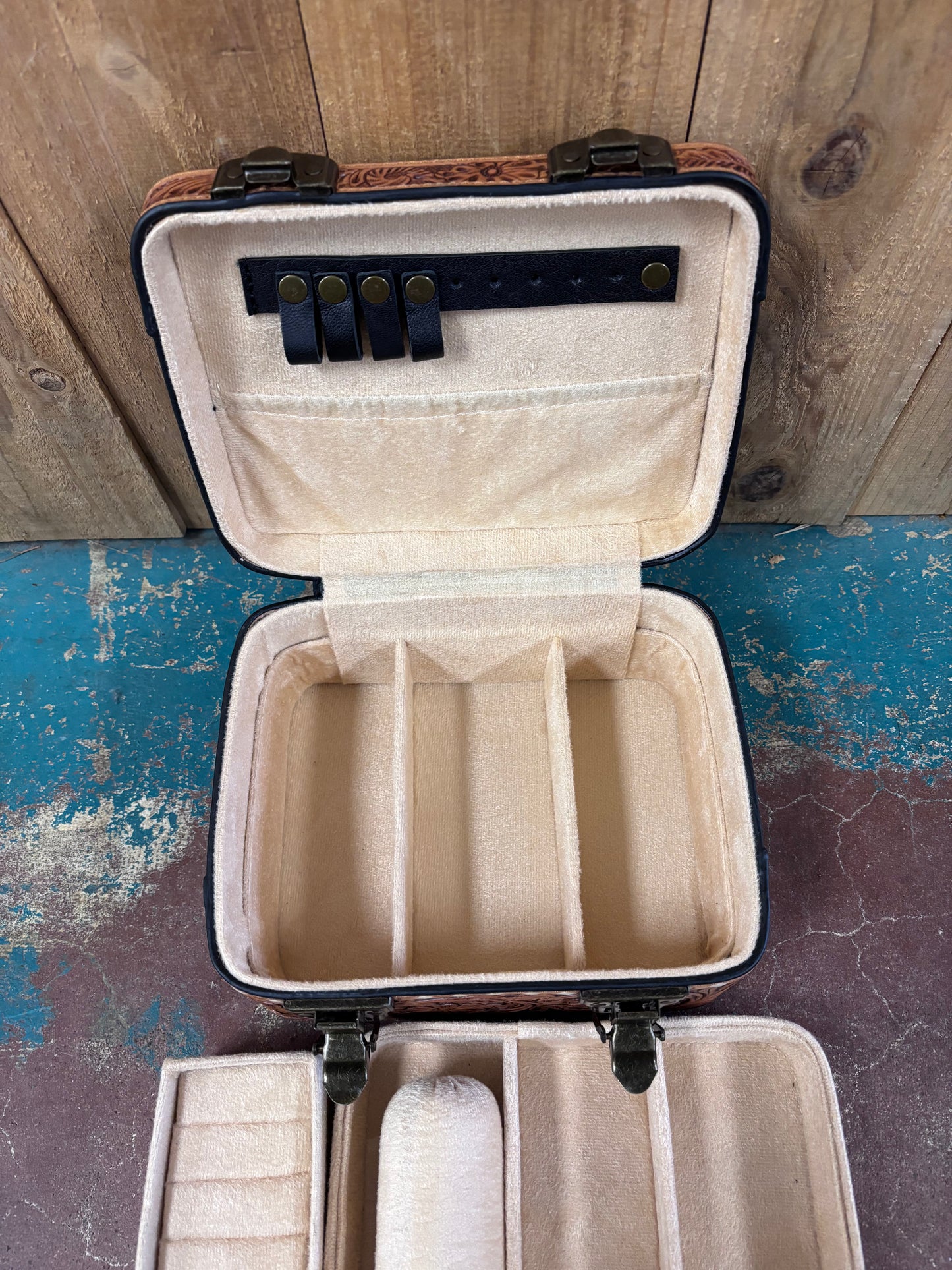 White Buck Stitched Tan Tooled Jewelry Box