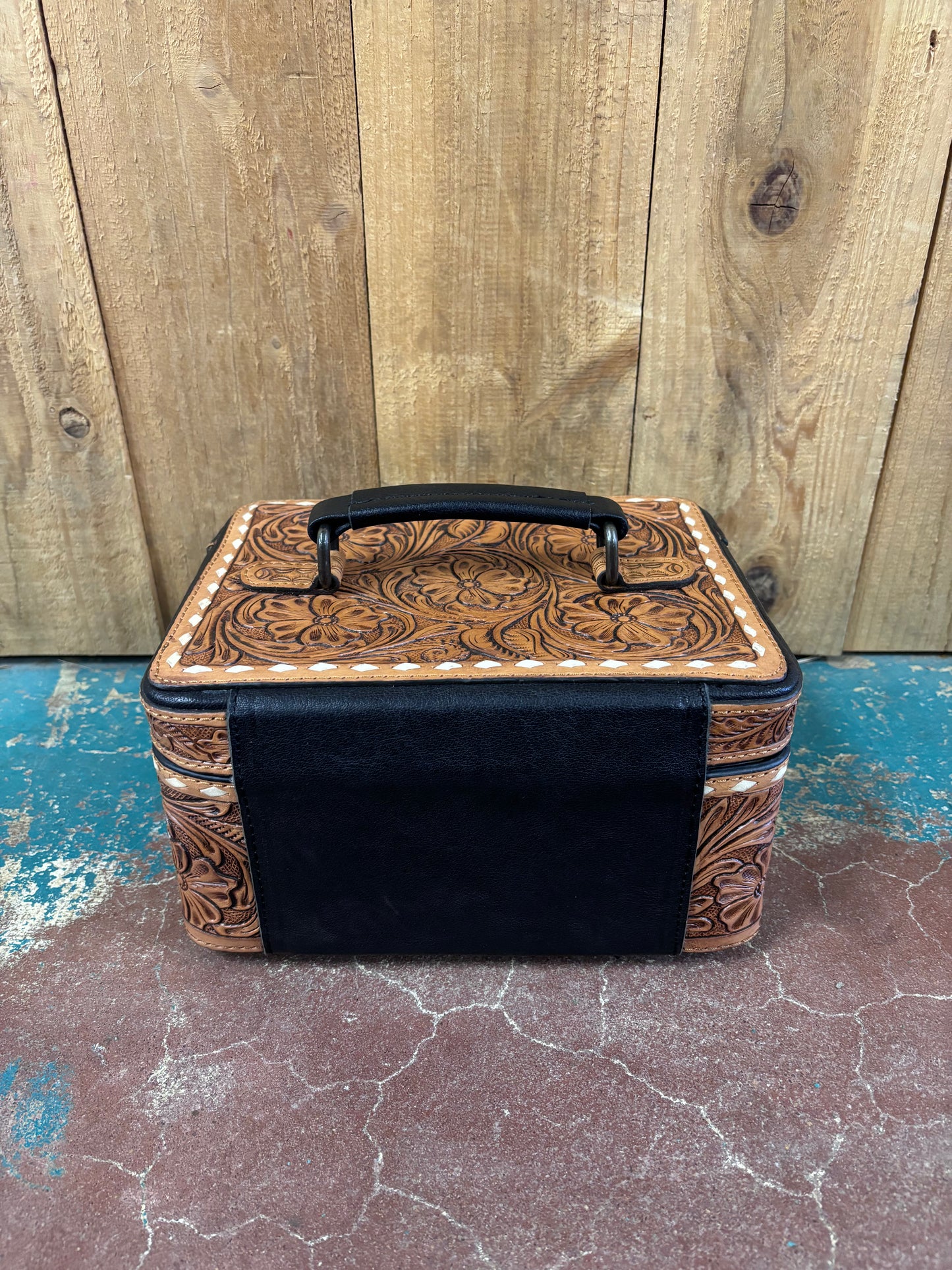 White Buck Stitched Tan Tooled Jewelry Box