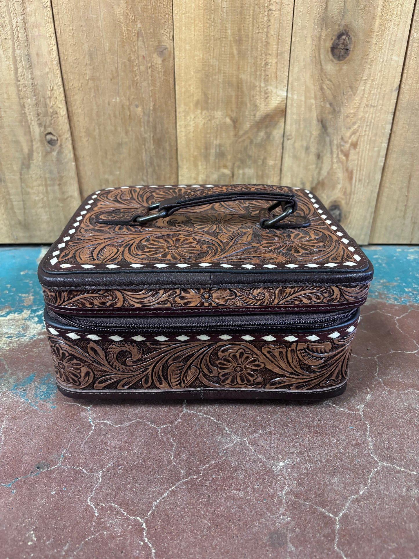 White Buck Stitched Brown Tooled Jewelry Box