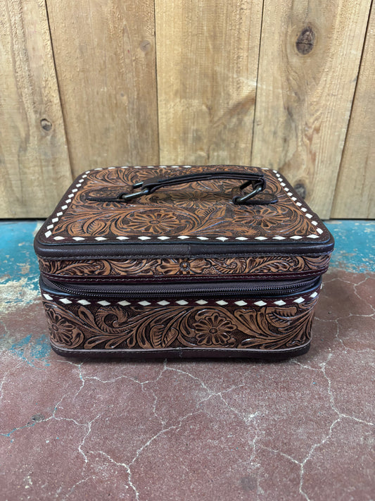 White Buck Stitched Brown Tooled Jewelry Box