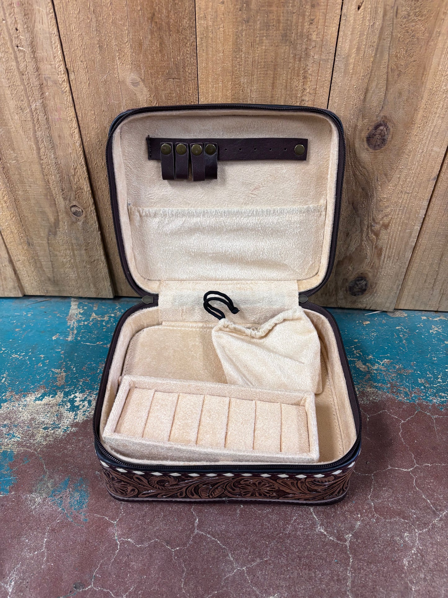 White Buck Stitched Brown Tooled Jewelry Box
