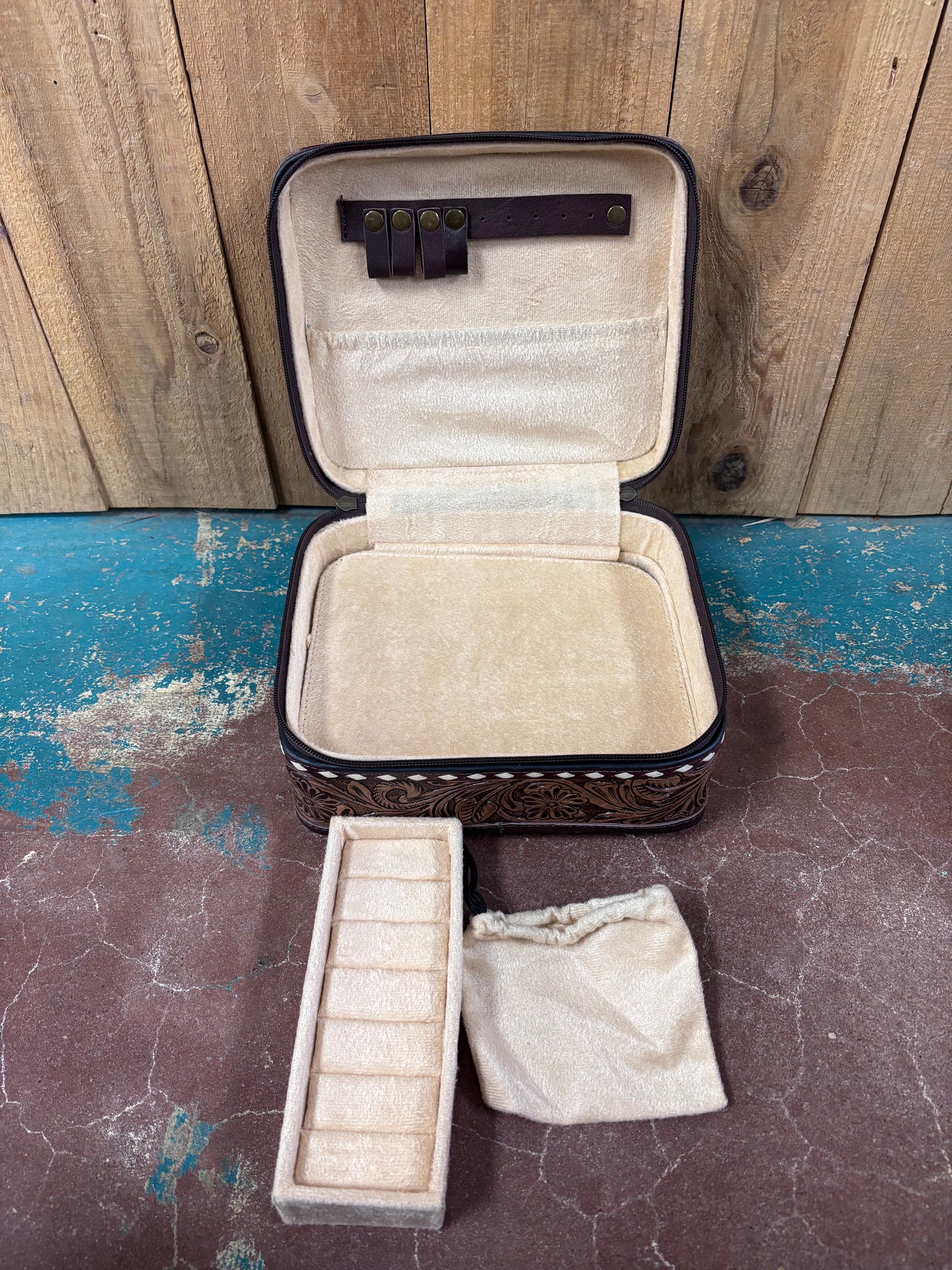 White Buck Stitched Brown Tooled Jewelry Box