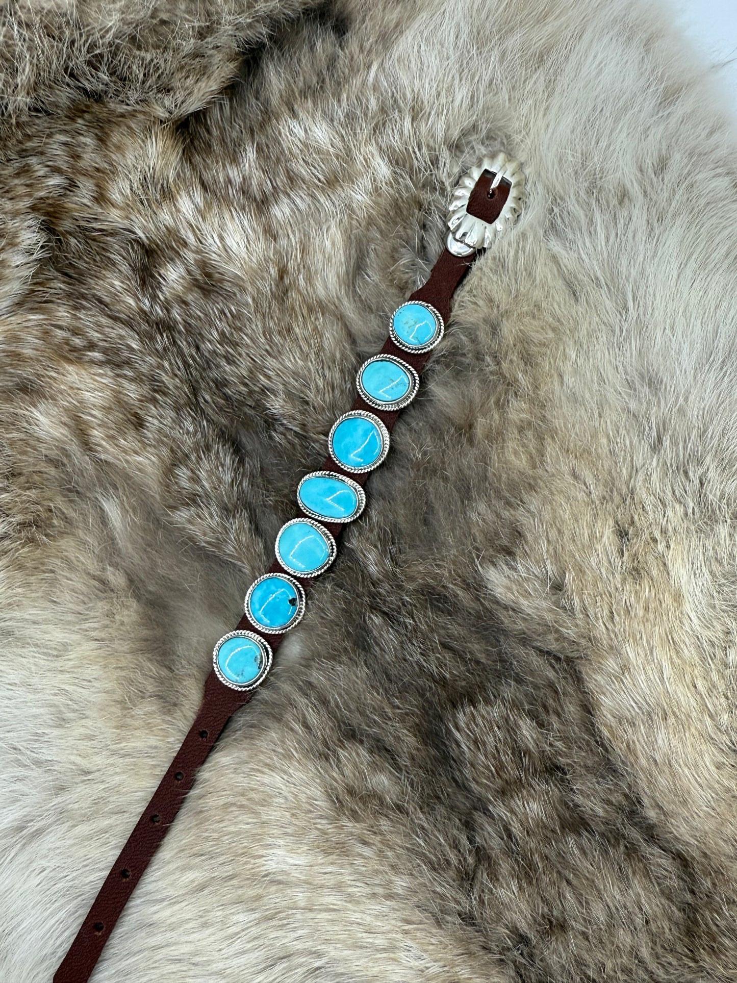 7 Stone Turquoise on Leather Bracelet by "BW", Navajo