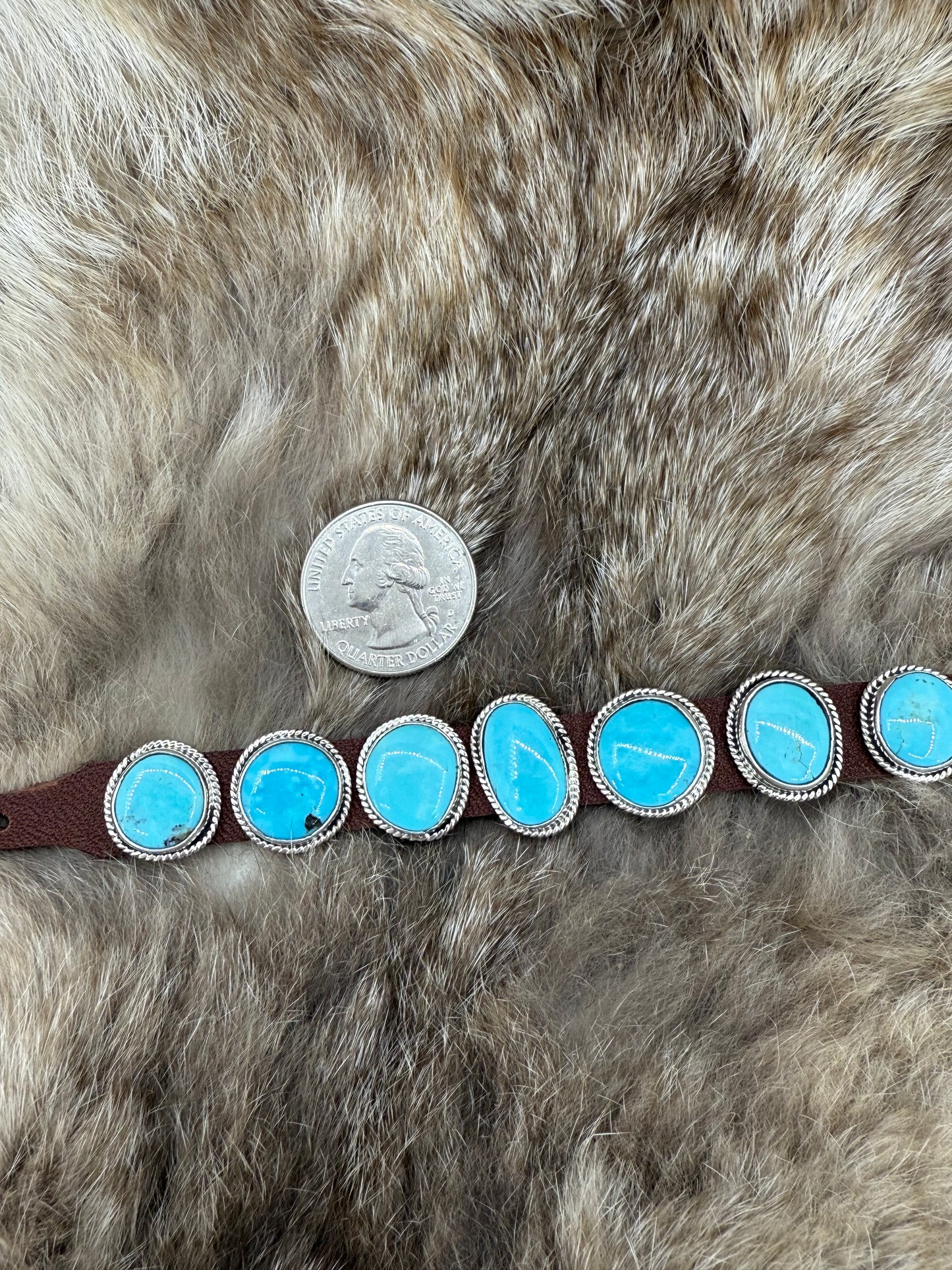 7 Stone Turquoise on Leather Bracelet by "BW", Navajo