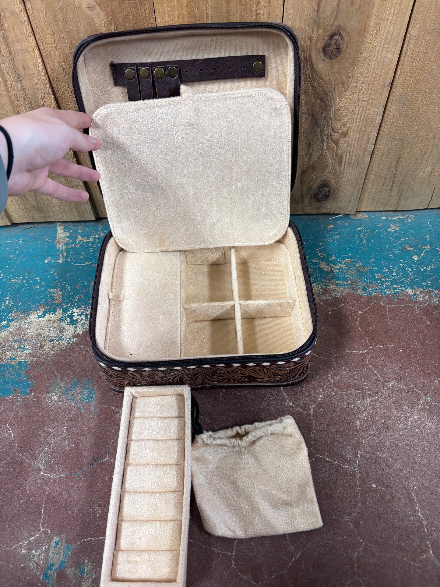 White Buck Stitched Brown Tooled Jewelry Box