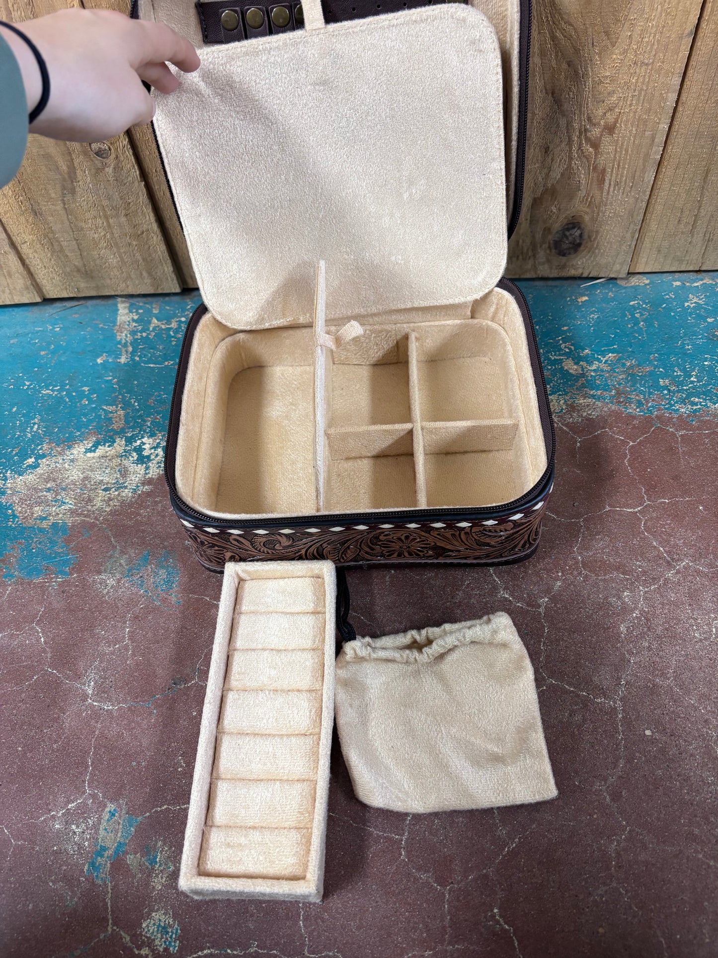 White Buck Stitched Brown Tooled Jewelry Box
