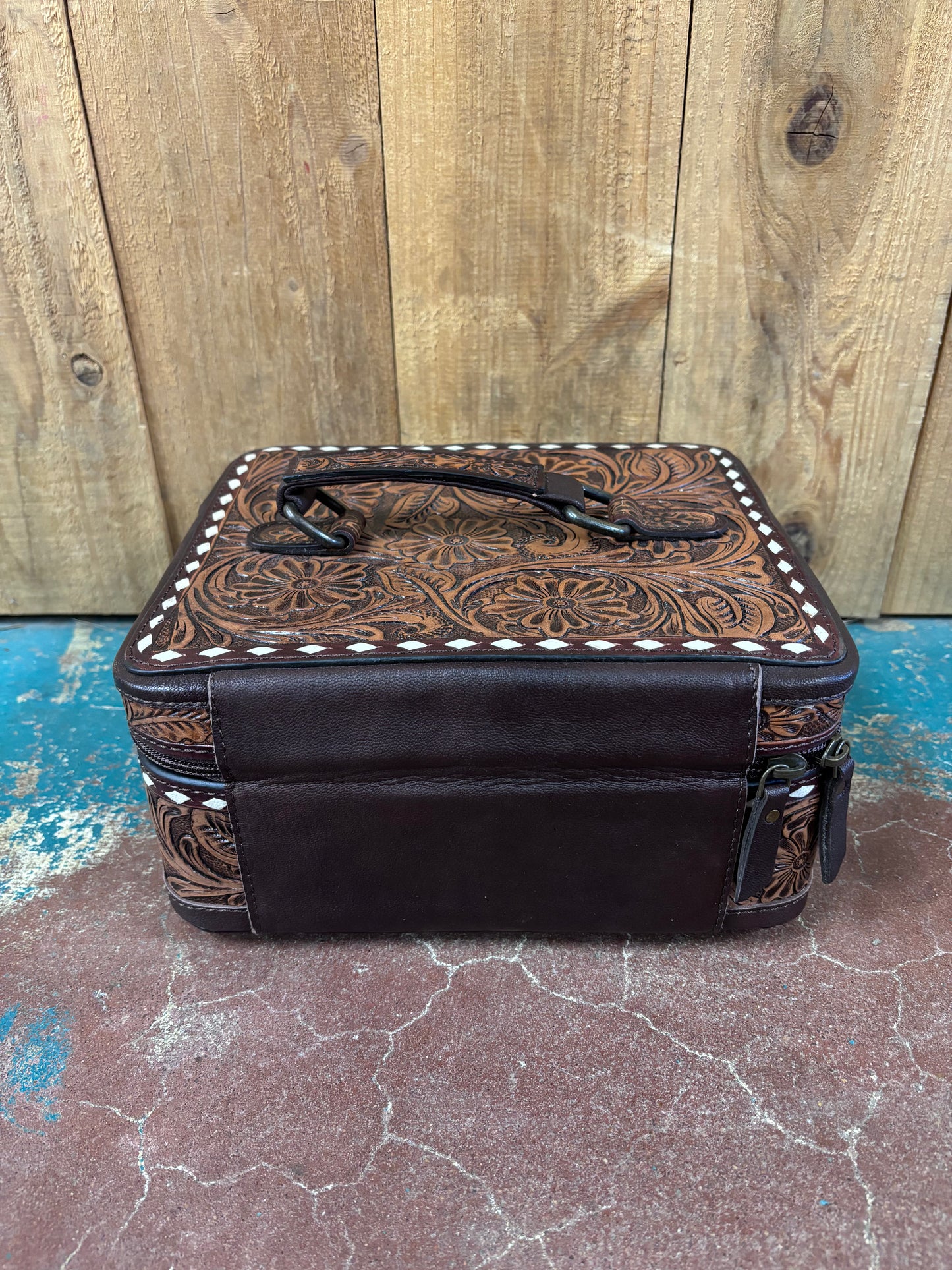 White Buck Stitched Brown Tooled Jewelry Box