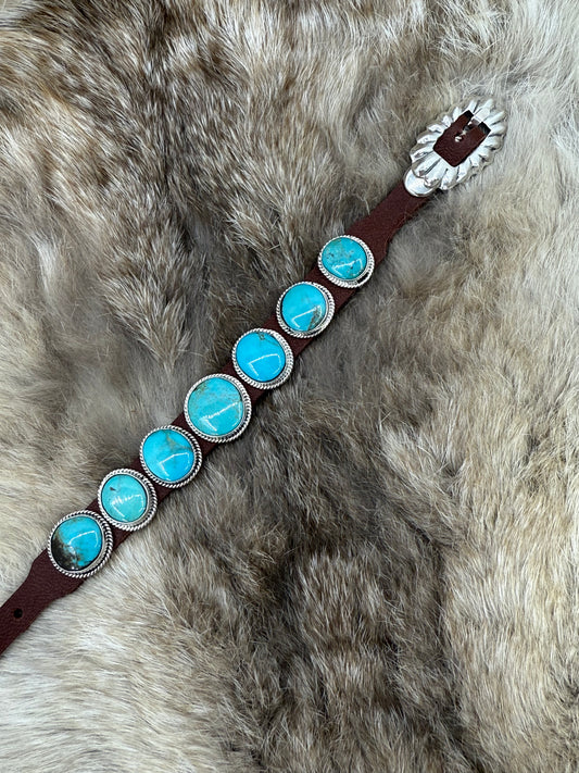 7 Stone Turquoise on Leather Bracelet by "BW", Navajo