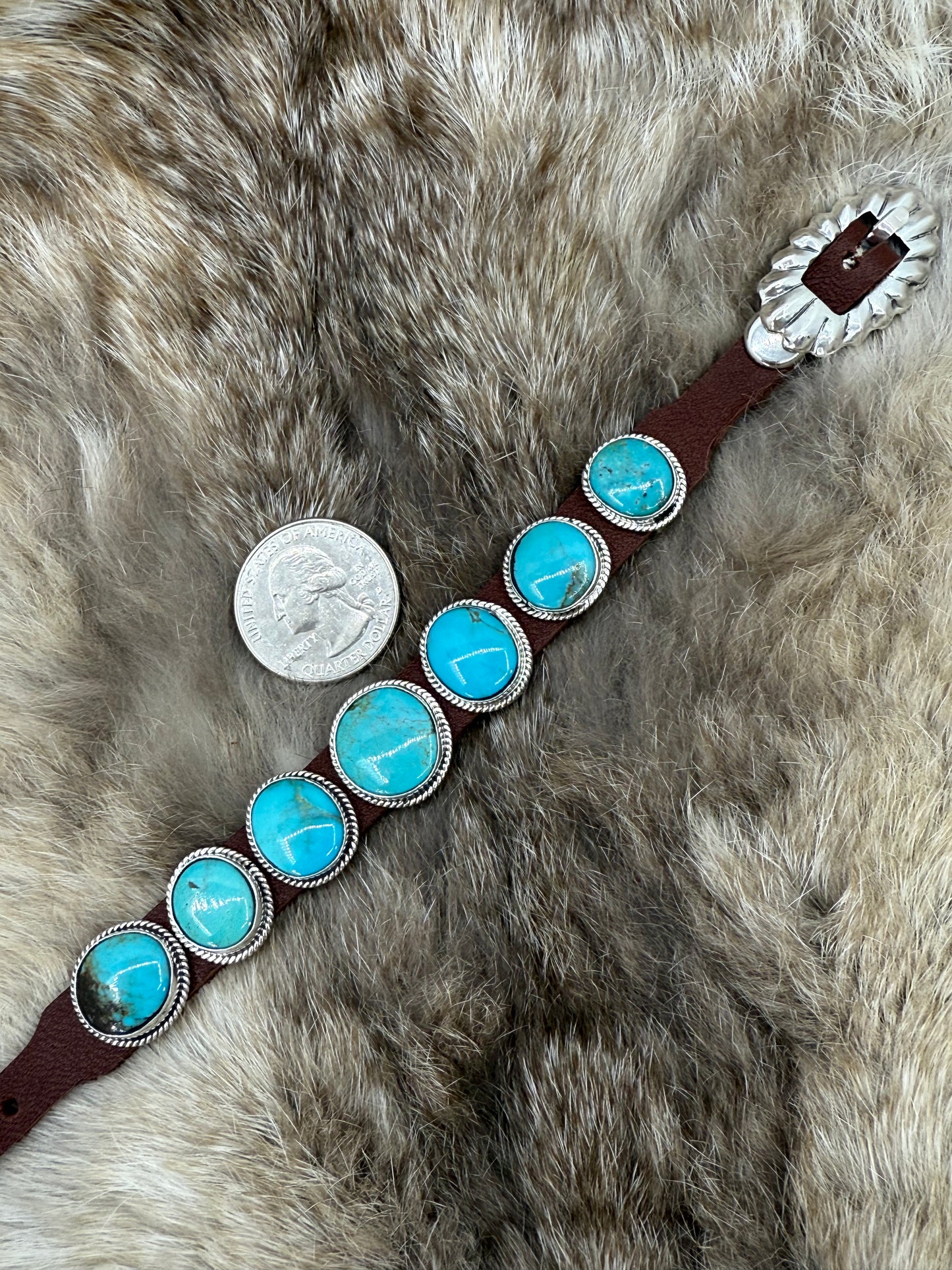 7 Stone Turquoise on Leather Bracelet by "BW", Navajo