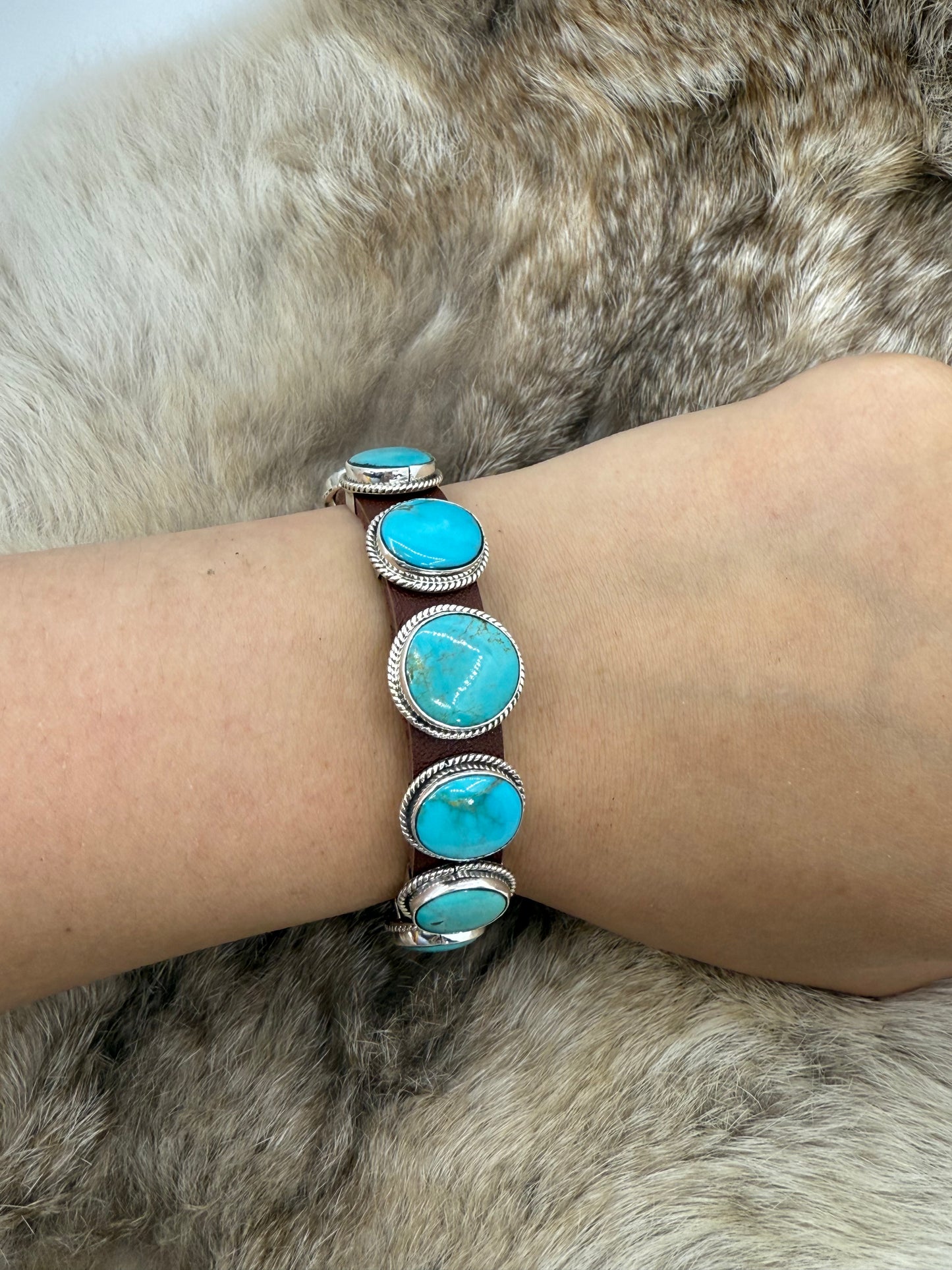 7 Stone Turquoise on Leather Bracelet by "BW", Navajo