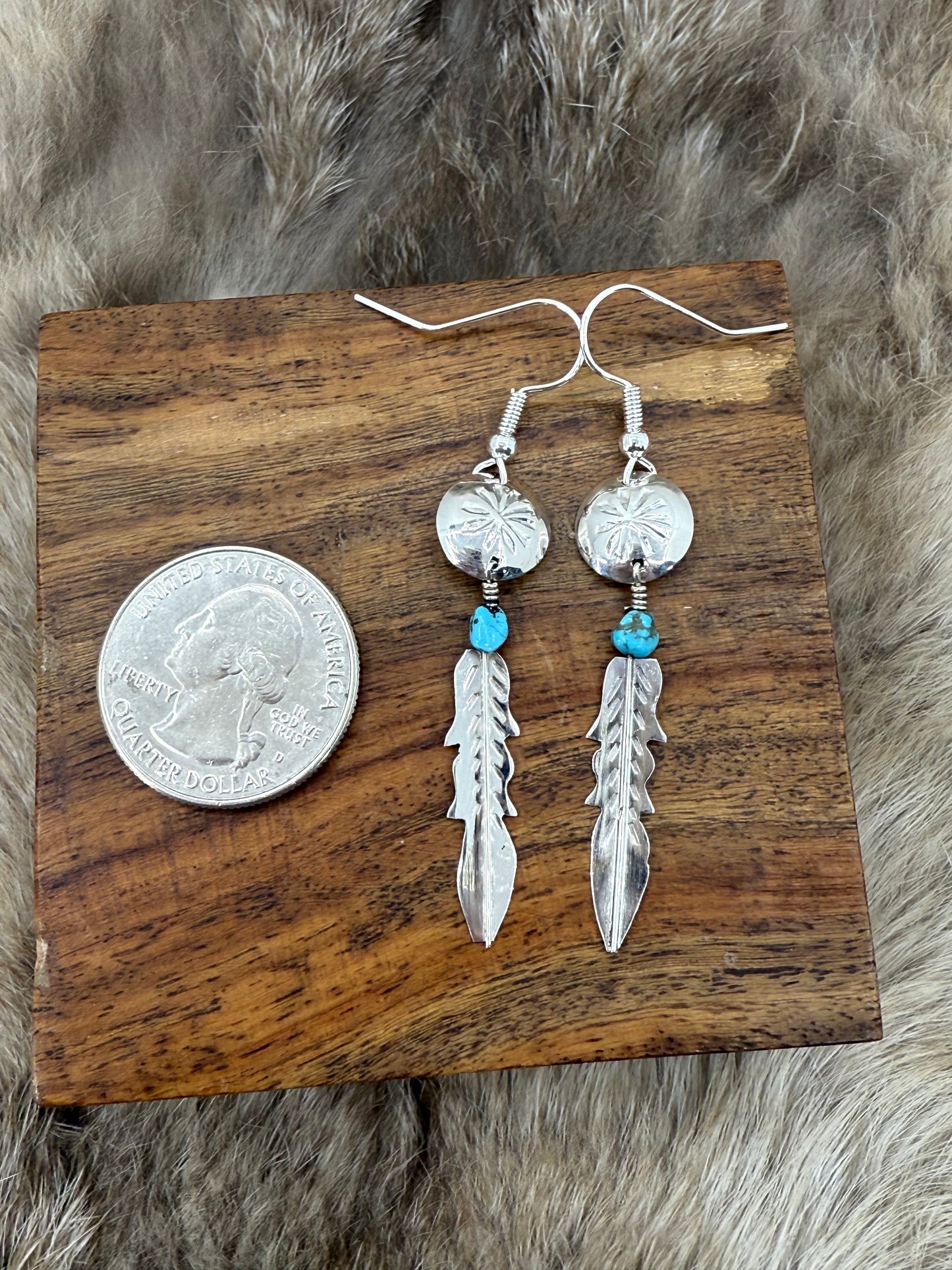 Stamped Concho with Feather Dangle Earrings by Vernon Tsosie, Navajo