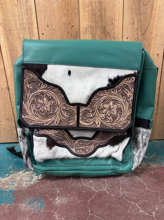 Turquoise Cowhide Tooled Leather Backpack