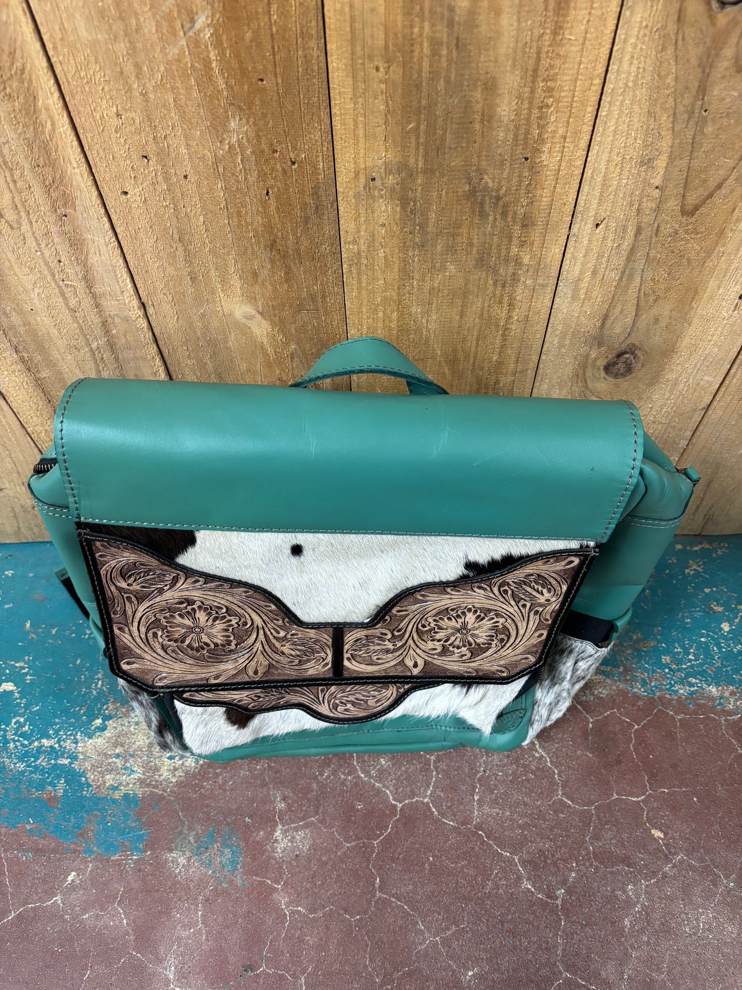 Turquoise Cowhide Tooled Leather Backpack