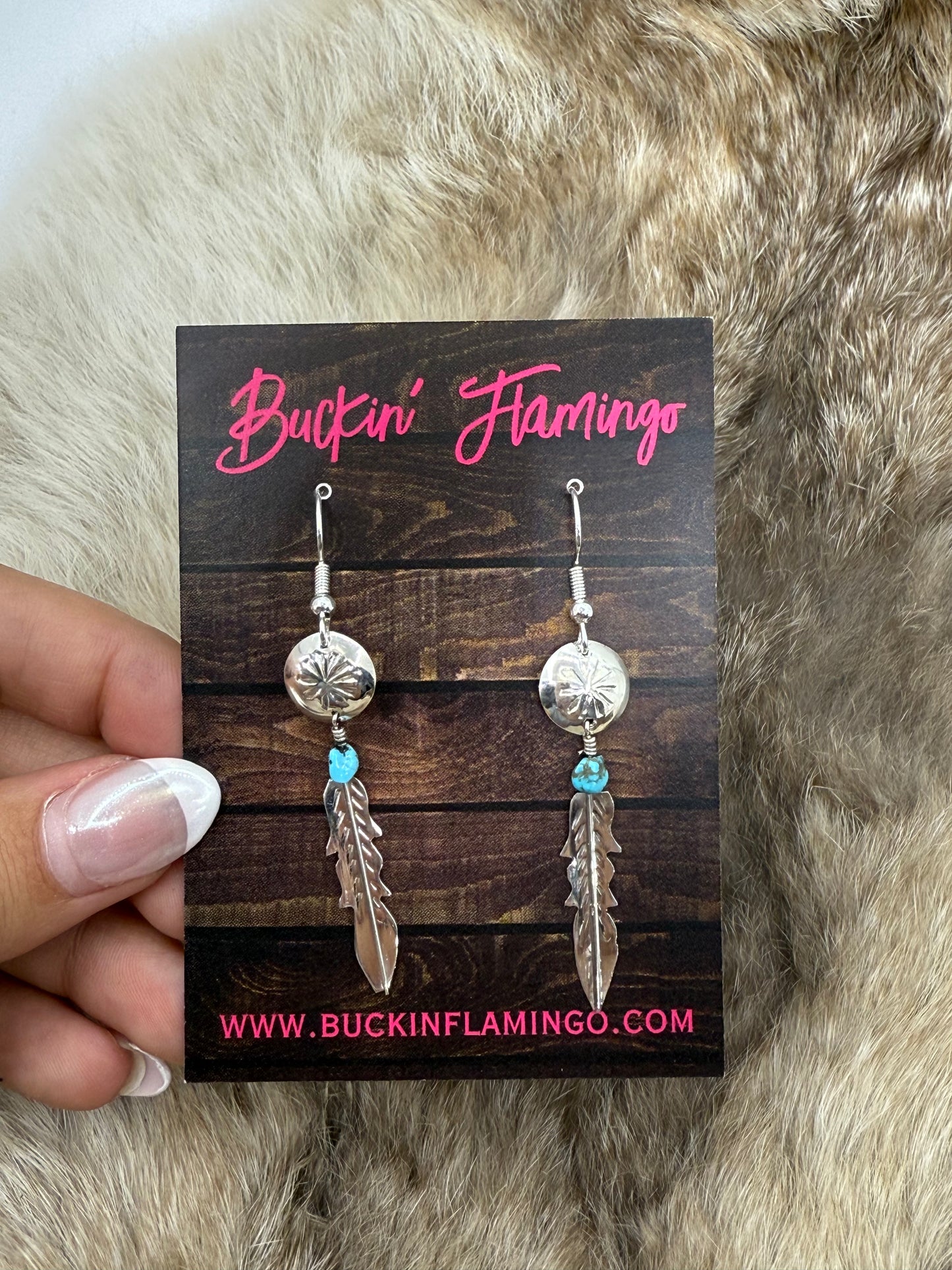 Stamped Concho with Feather Dangle Earrings by Vernon Tsosie, Navajo