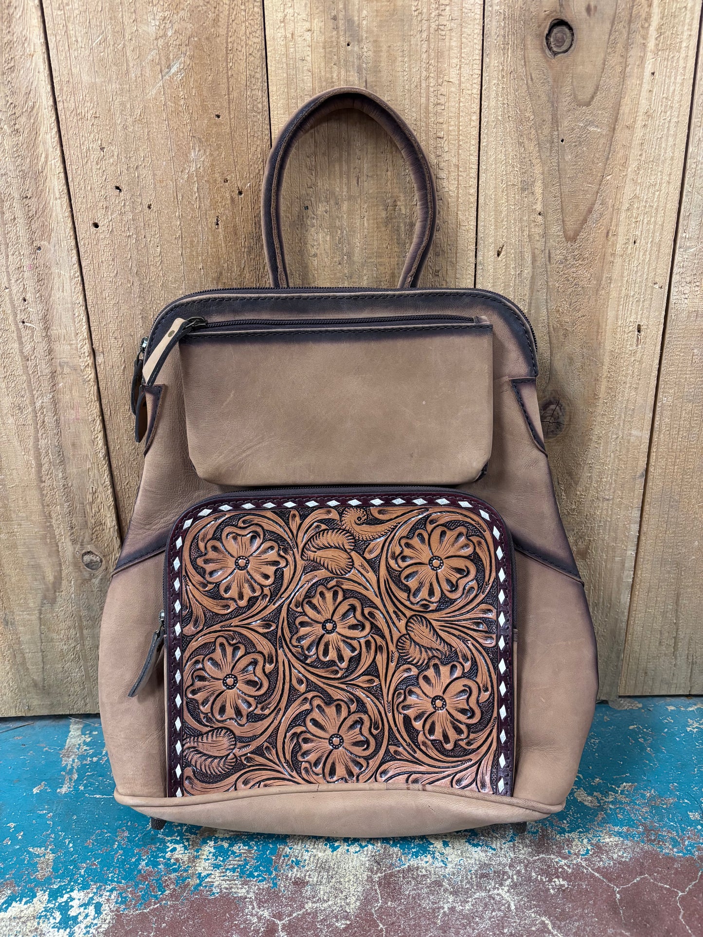 Small Brown Flower Tooled Buck Stitched Leather Backpack