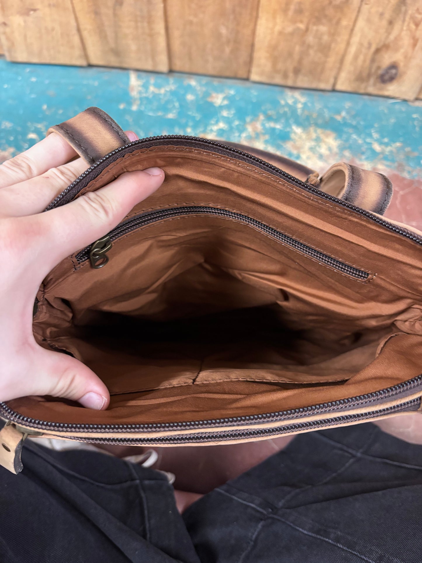 Small Brown Flower Tooled Buck Stitched Leather Backpack