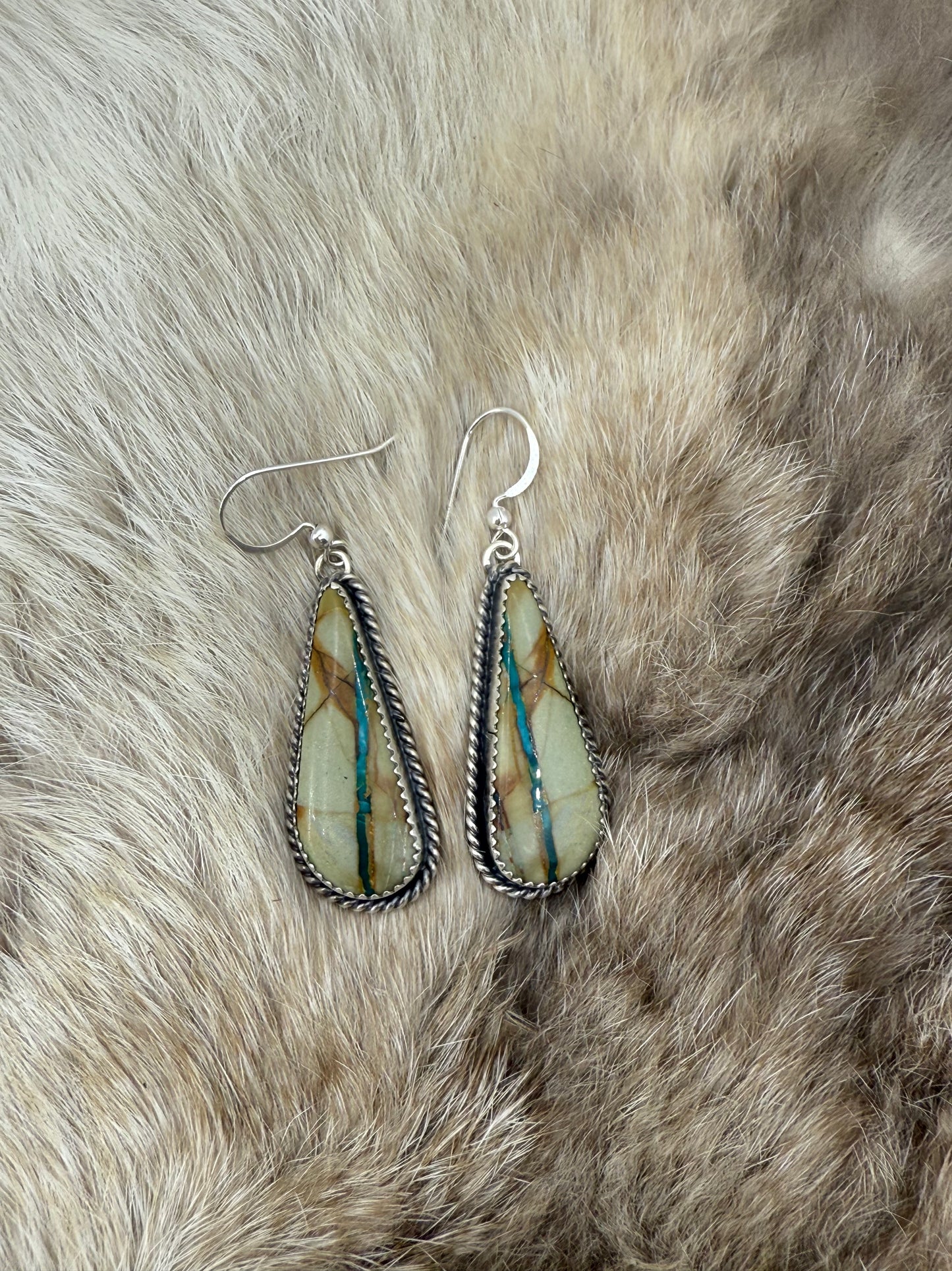 Boulder Ribbop0n Turquoise Dangle Earrings by Virginia Becenti, Navajo