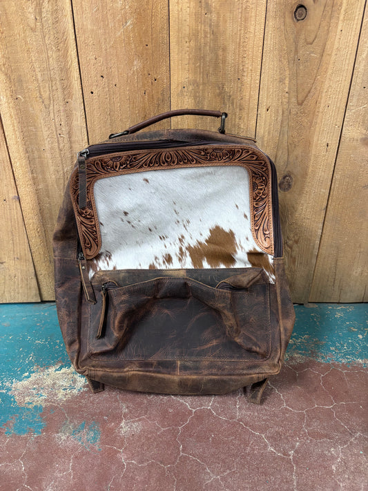 Small Brown Leather Brown And White Cowhide Backpack