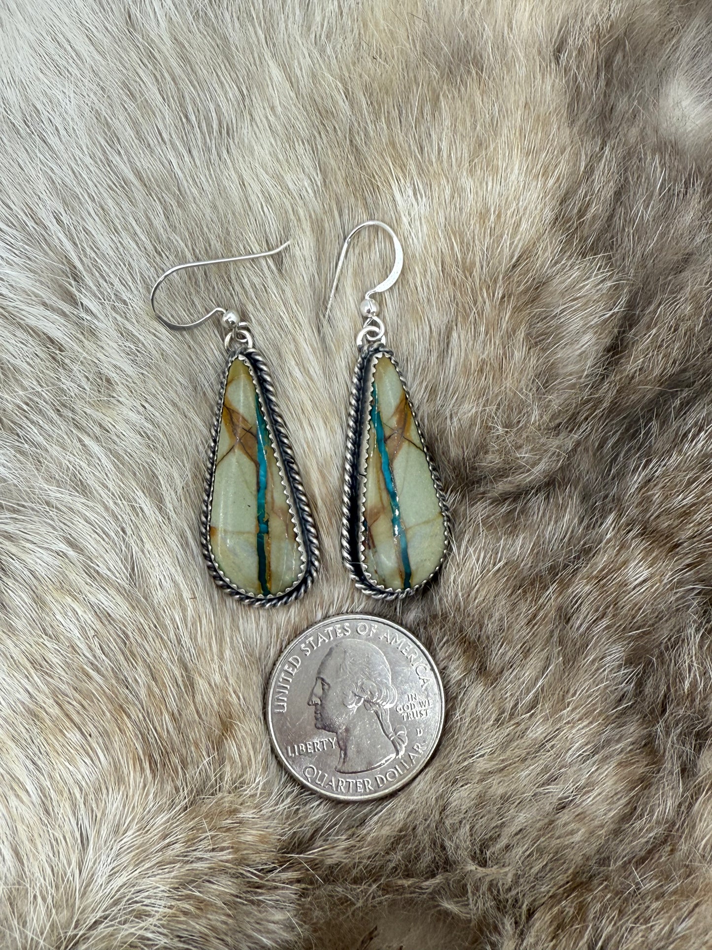 Boulder Ribbop0n Turquoise Dangle Earrings by Virginia Becenti, Navajo