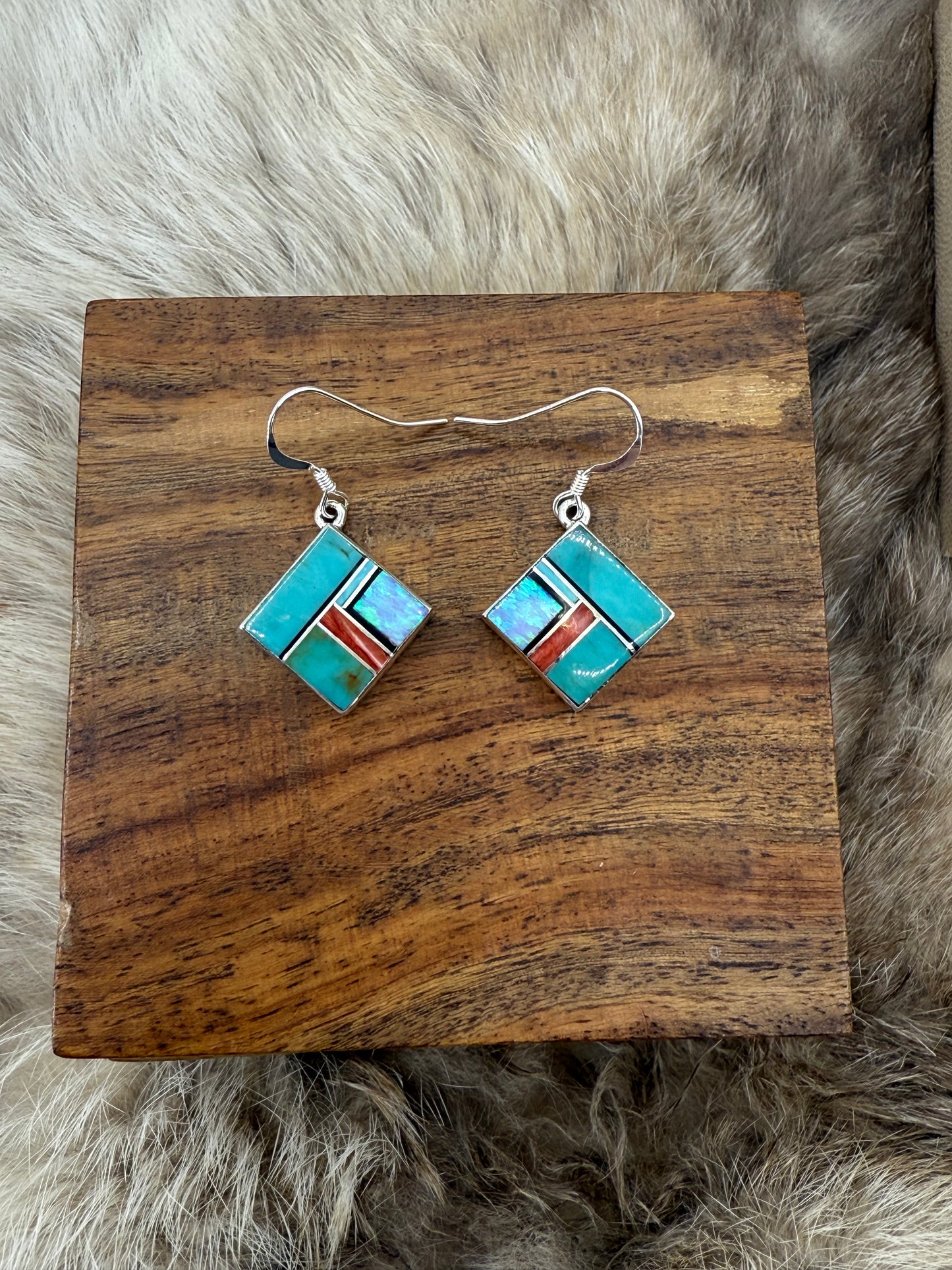 Turquoise, Opal, & Spiny Oyster Shell Inlay Dangle Earrings by James Manygoats, Navajo