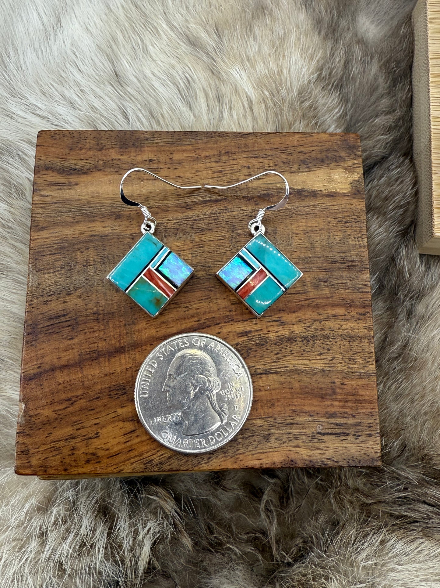 Turquoise, Opal, & Spiny Oyster Shell Inlay Dangle Earrings by James Manygoats, Navajo