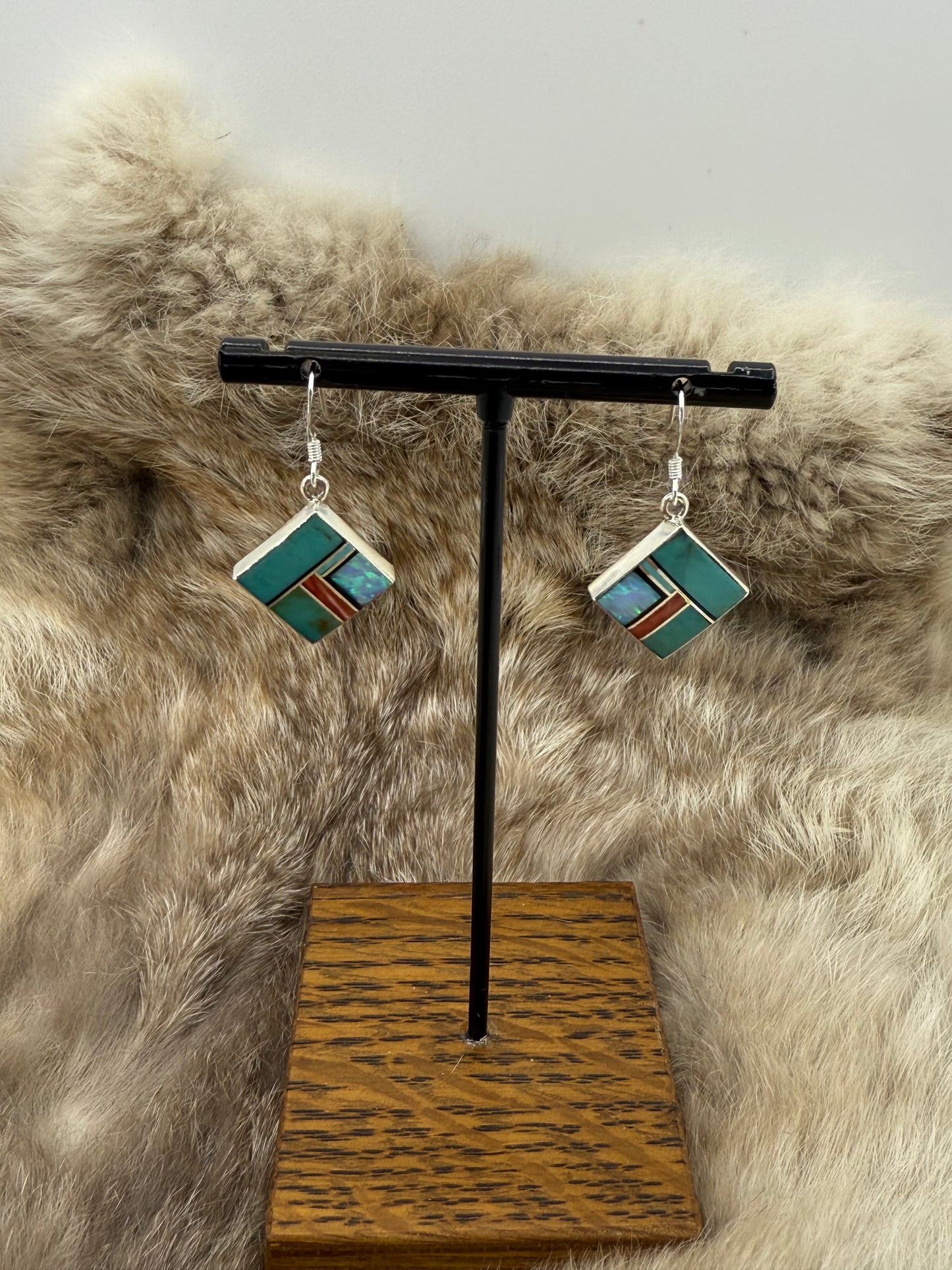Turquoise, Opal, & Spiny Oyster Shell Inlay Dangle Earrings by James Manygoats, Navajo