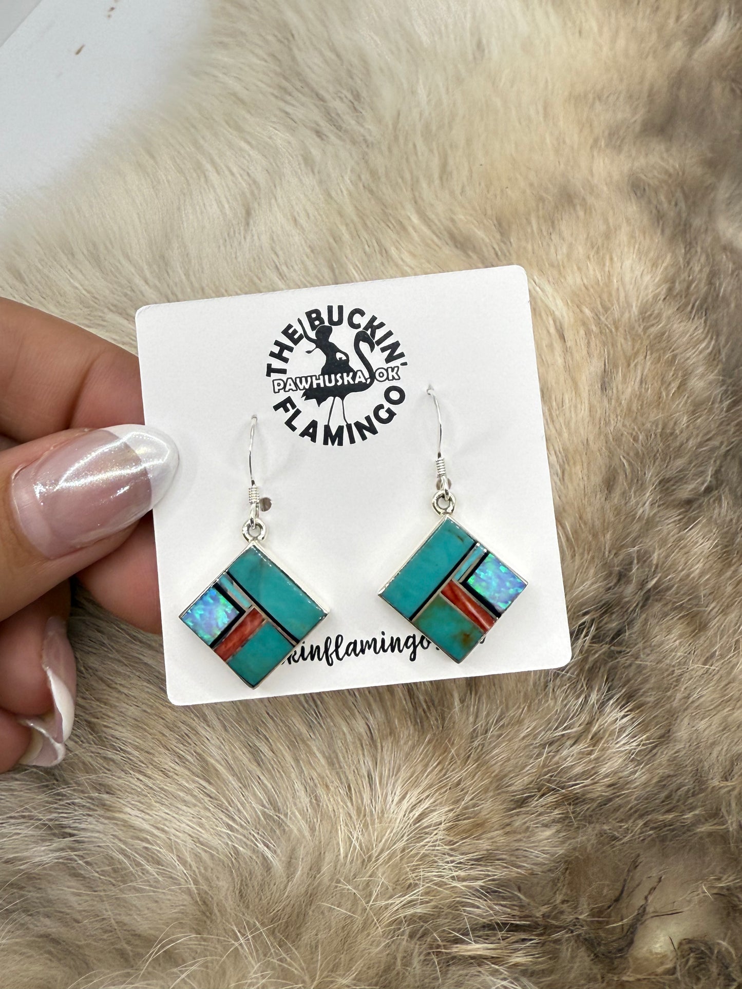 Turquoise, Opal, & Spiny Oyster Shell Inlay Dangle Earrings by James Manygoats, Navajo