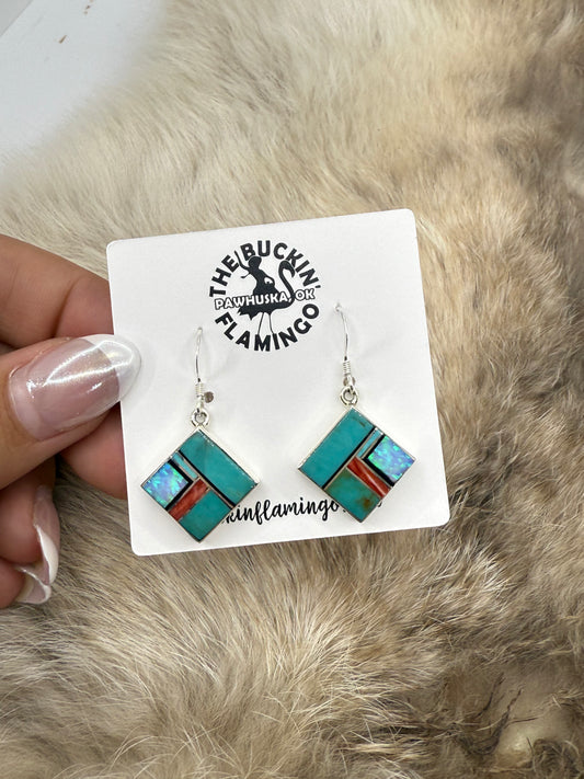 Turquoise, Opal, & Spiny Oyster Shell Inlay Dangle Earrings by James Manygoats, Navajo