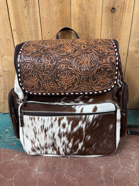 Brown And White Cowhide Tooled Leather Backpack