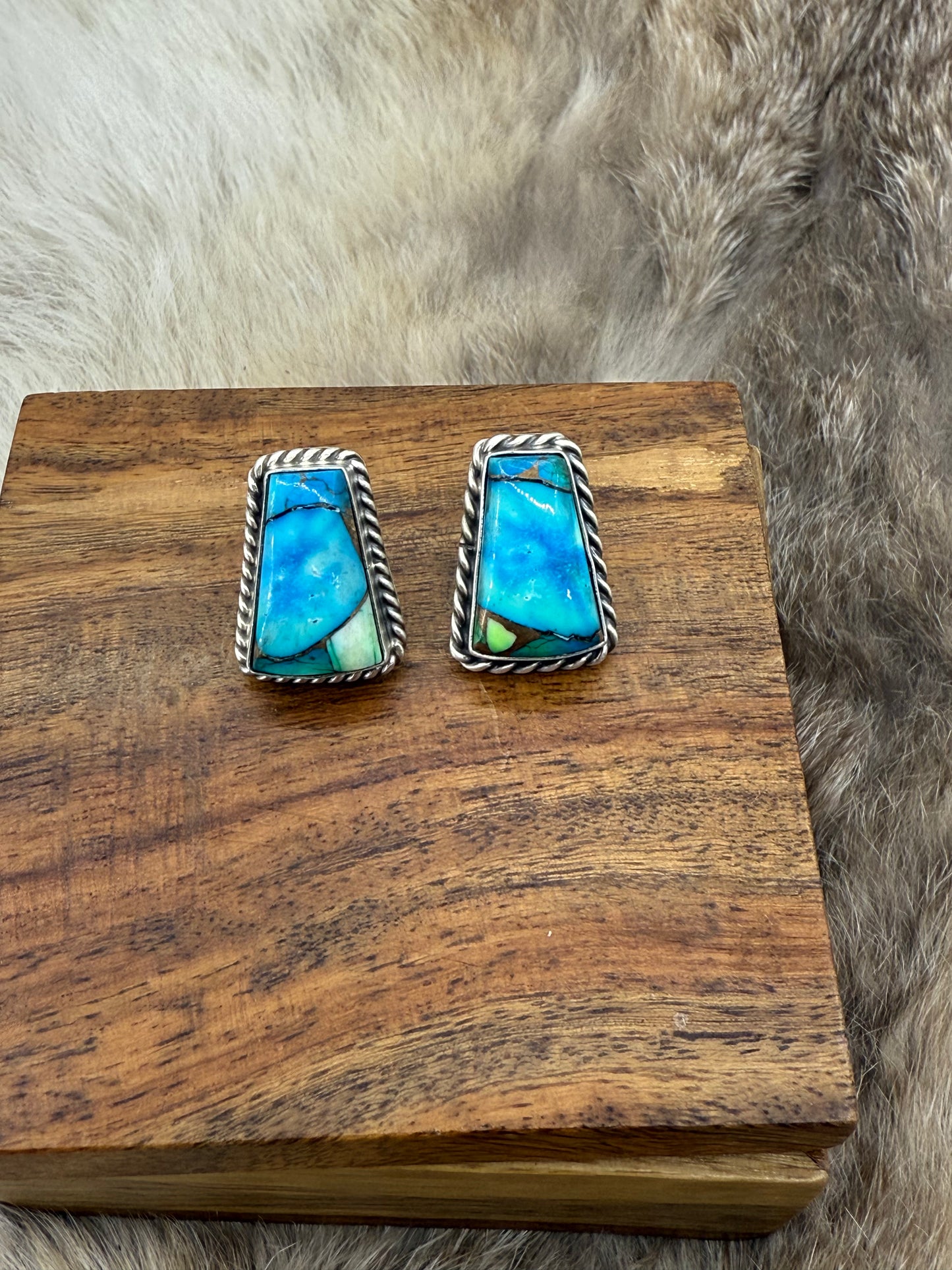 Peacock Dahlia Post Earrings by Chassity Belone, Navajo