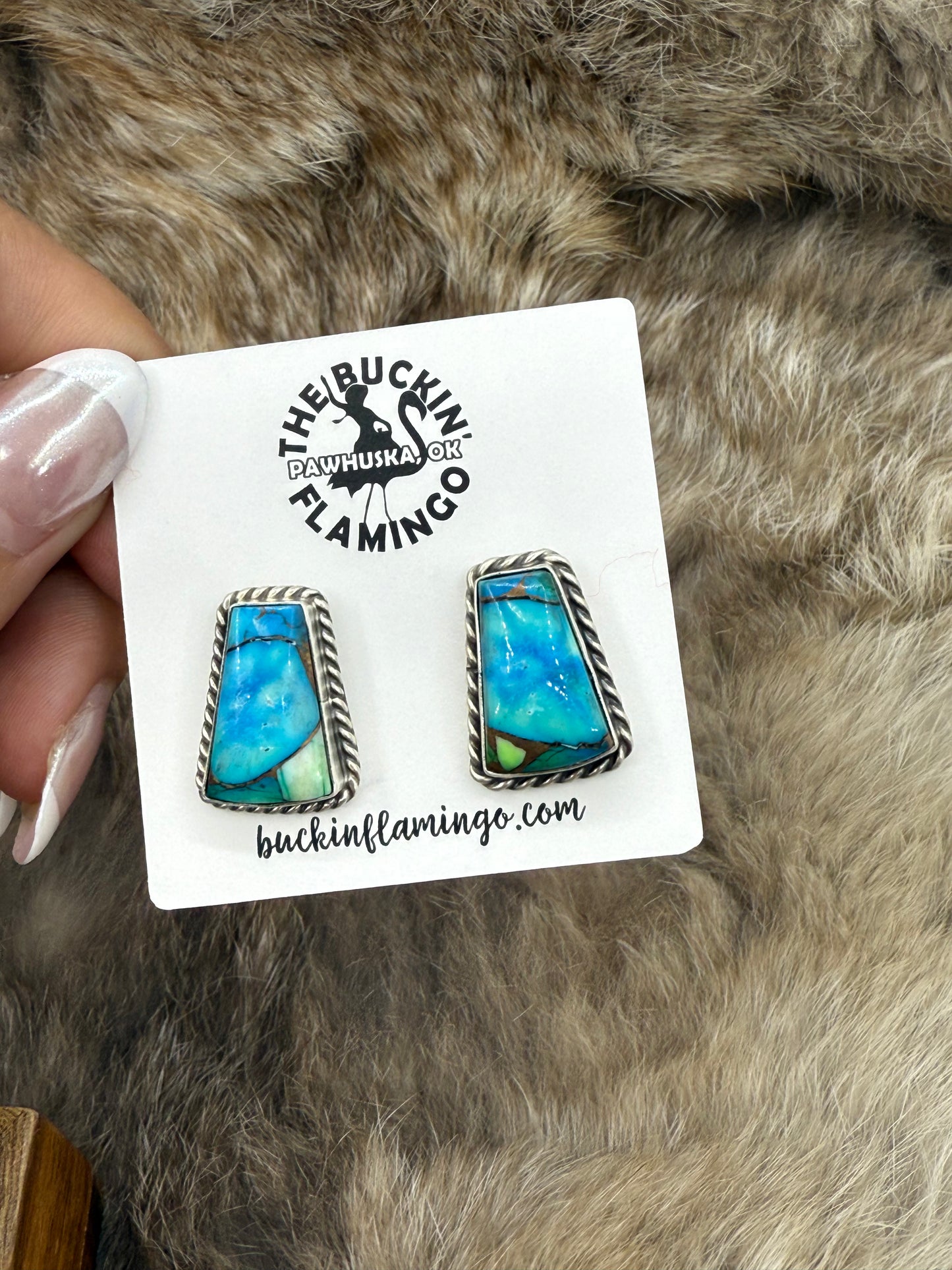 Peacock Dahlia Post Earrings by Chassity Belone, Navajo