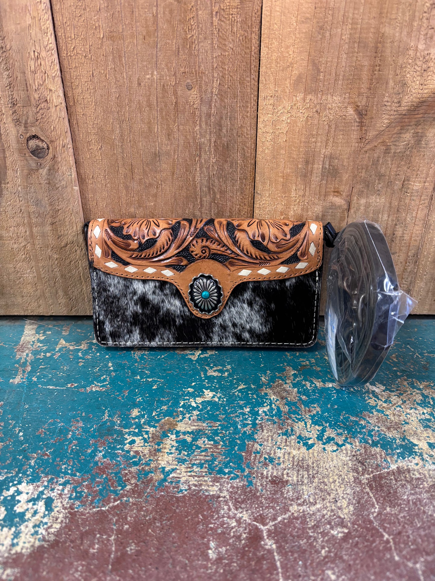 Black And White Cowhide Turquoise Stone Leather Wallet